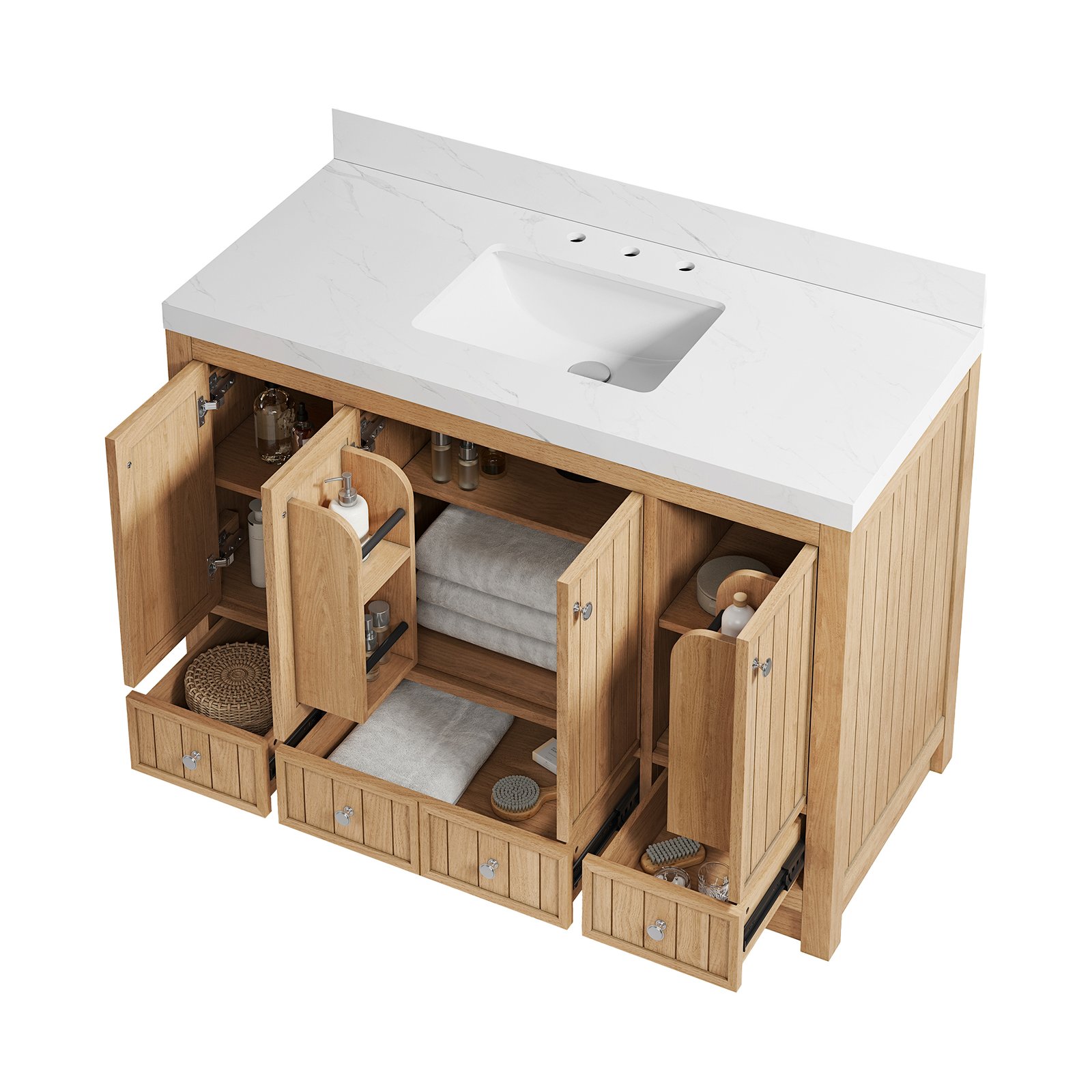 48 Inch Modern Bathroom Vanity with Carrara Quartz Countertop, Soft-Close Drawers, MDF Wood Veneer Cabinet, Single Sink Vanity - Image 4