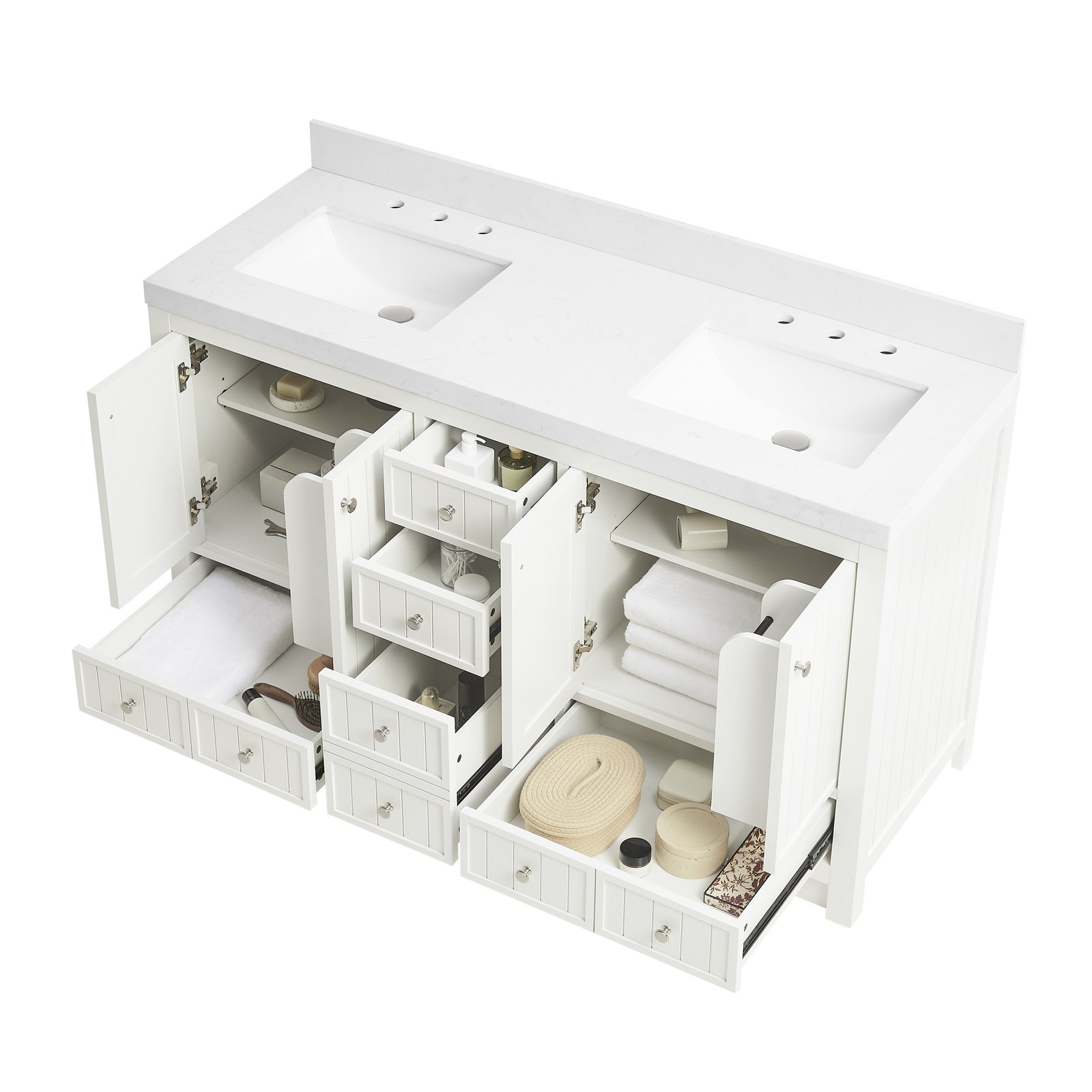 60 Inch Modern Double Sink Bathroom Vanity with Double Quartz Countertop, Soft-Close Drawers & Doors, Freestanding Bath Cabinet - Image 3