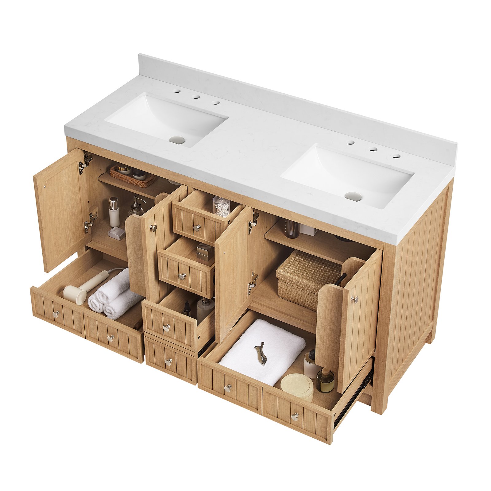 60 Inch Modern Double Sink Bathroom Vanity with Double Quartz Countertop, Soft-Close Drawers & Doors, Freestanding Bath Cabinet - Image 4