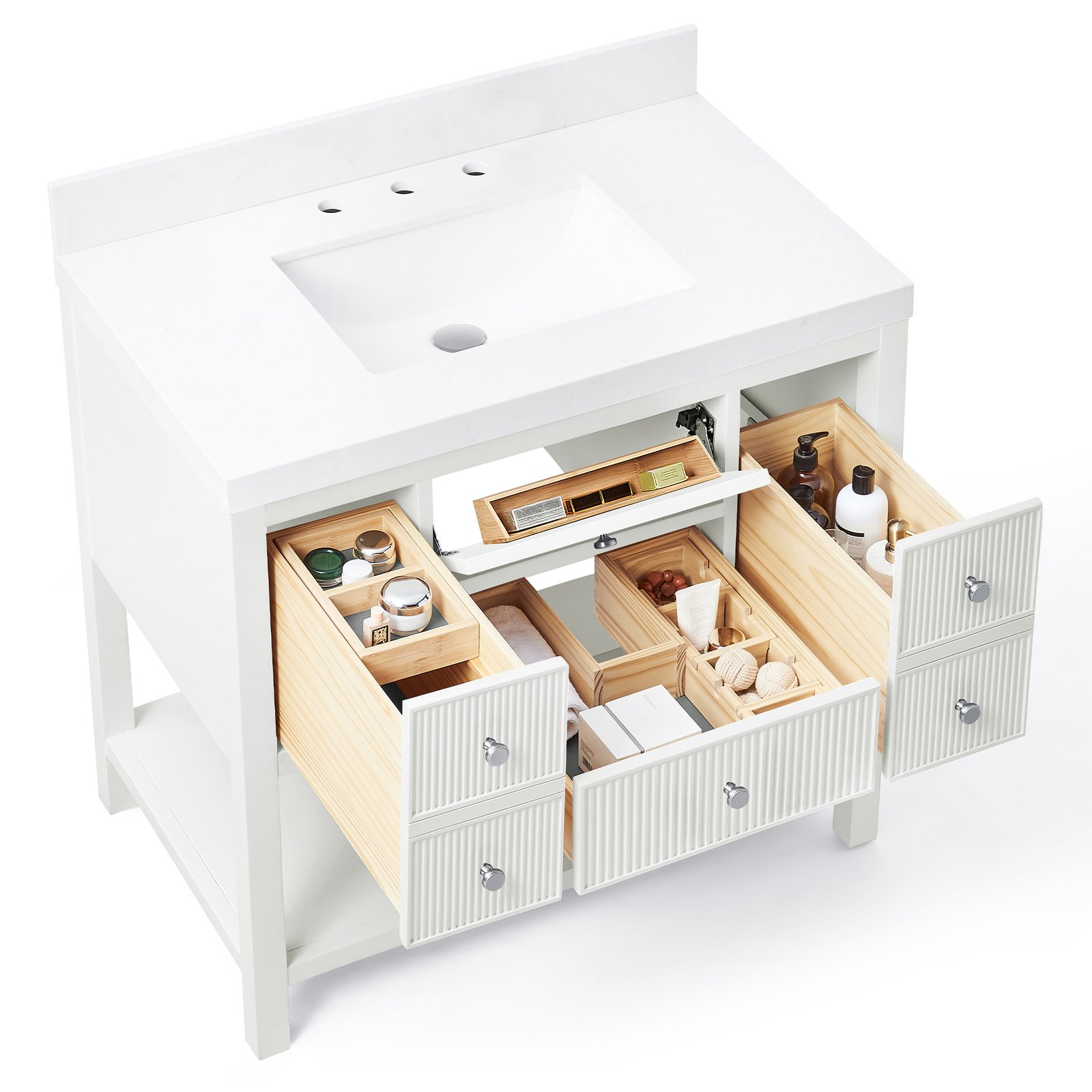36 Inch Solid Wood Single Sink Bathroom Vanity with Quartz Countertop and Soft-Close Drawers in White - Image 4