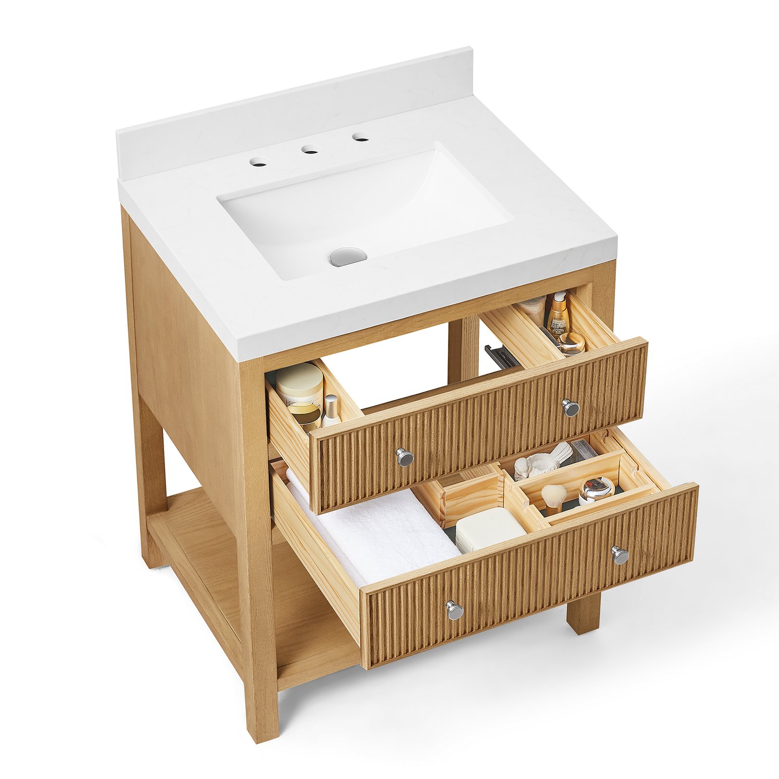 28 Inch Solid Wood Single Sink Bathroom Vanity with Quartz Countertop and Soft-Close Drawers in Oak - Image 3