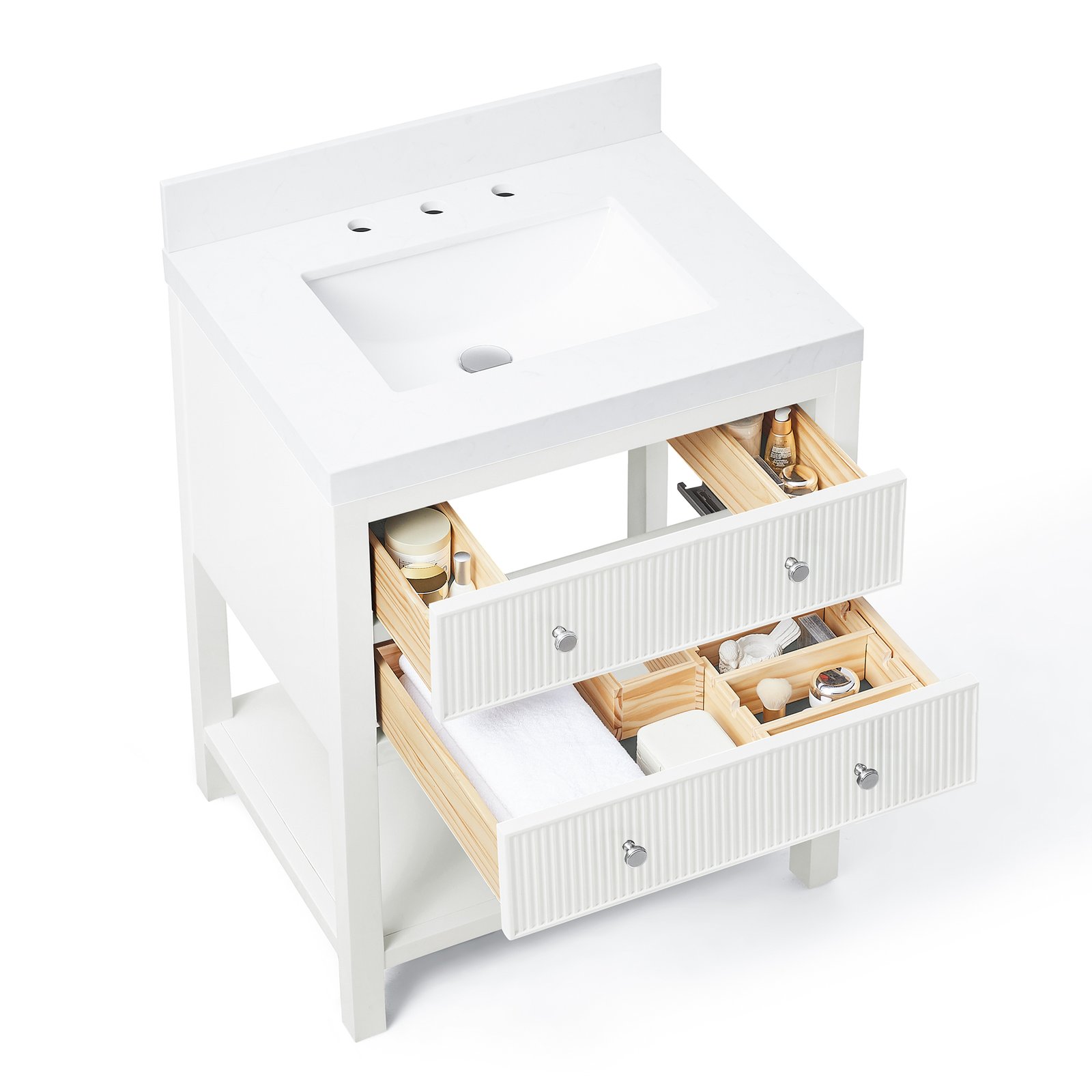 28 Inch Solid Wood Single Sink Bathroom Vanity with Quartz Countertop and Soft-Close Drawers in White - Image 4
