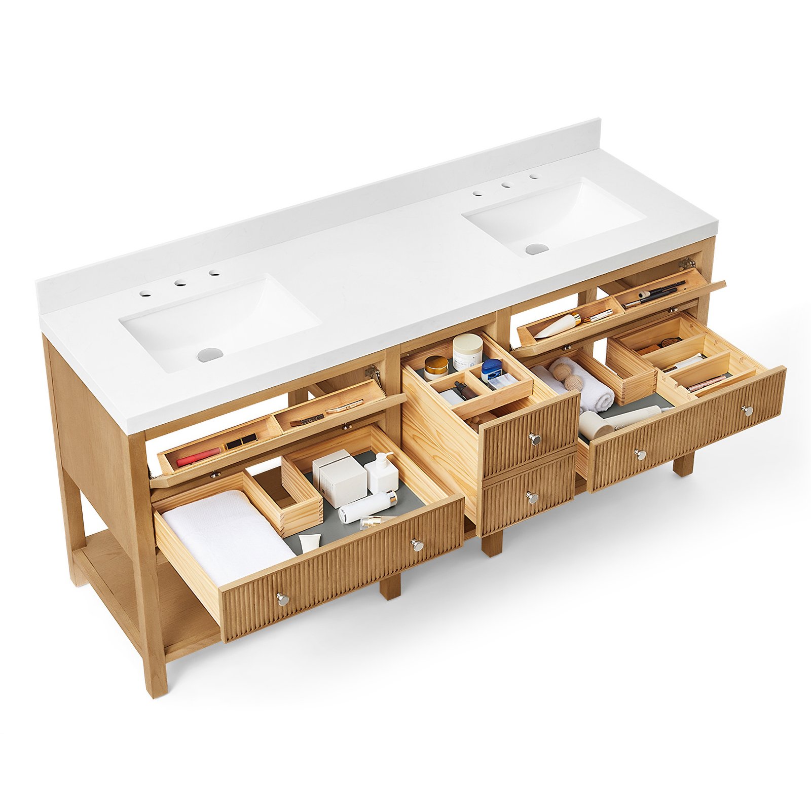 72"Solid Wood Bathroom Vanity with Quartz Countertop & Undermount Ceramic Sink, Soft-Close Drawers - Image 5