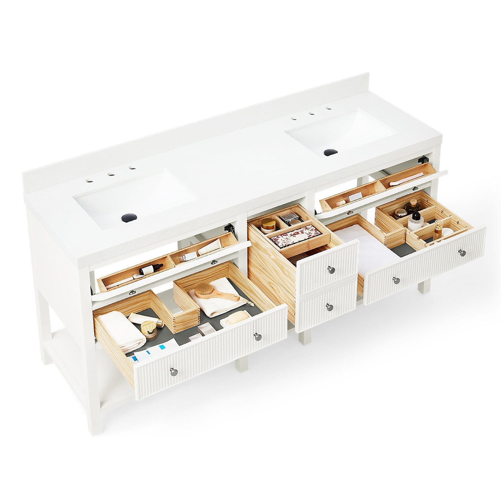 72"Solid Wood Bathroom Vanity with Quartz Countertop & Undermount Ceramic Sink, Soft-Close Drawers - Image 3