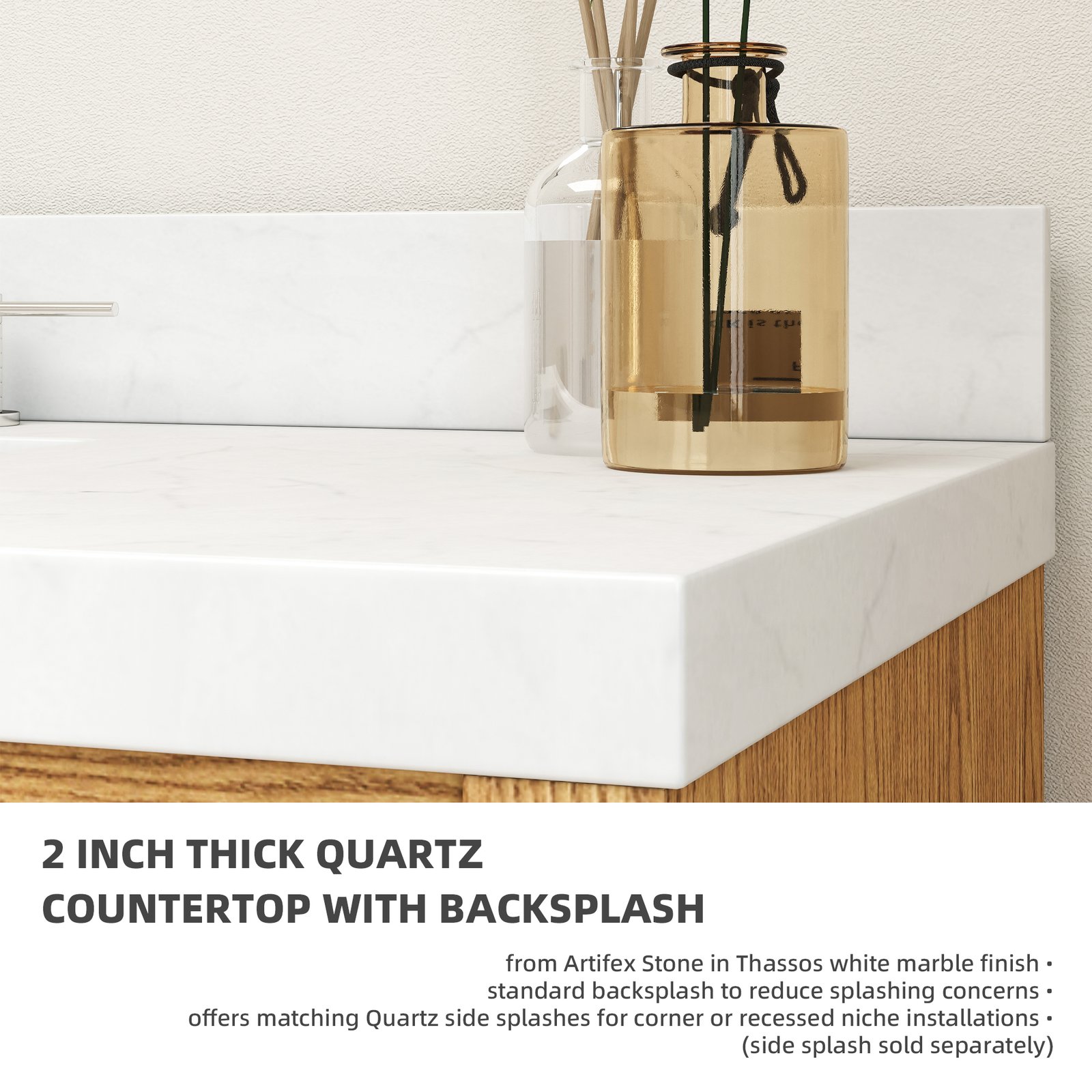 48" Solid Wood Bathroom Vanity with Quartz Countertop & Pull-Out Storage Drawer in Natural Oak - Image 5