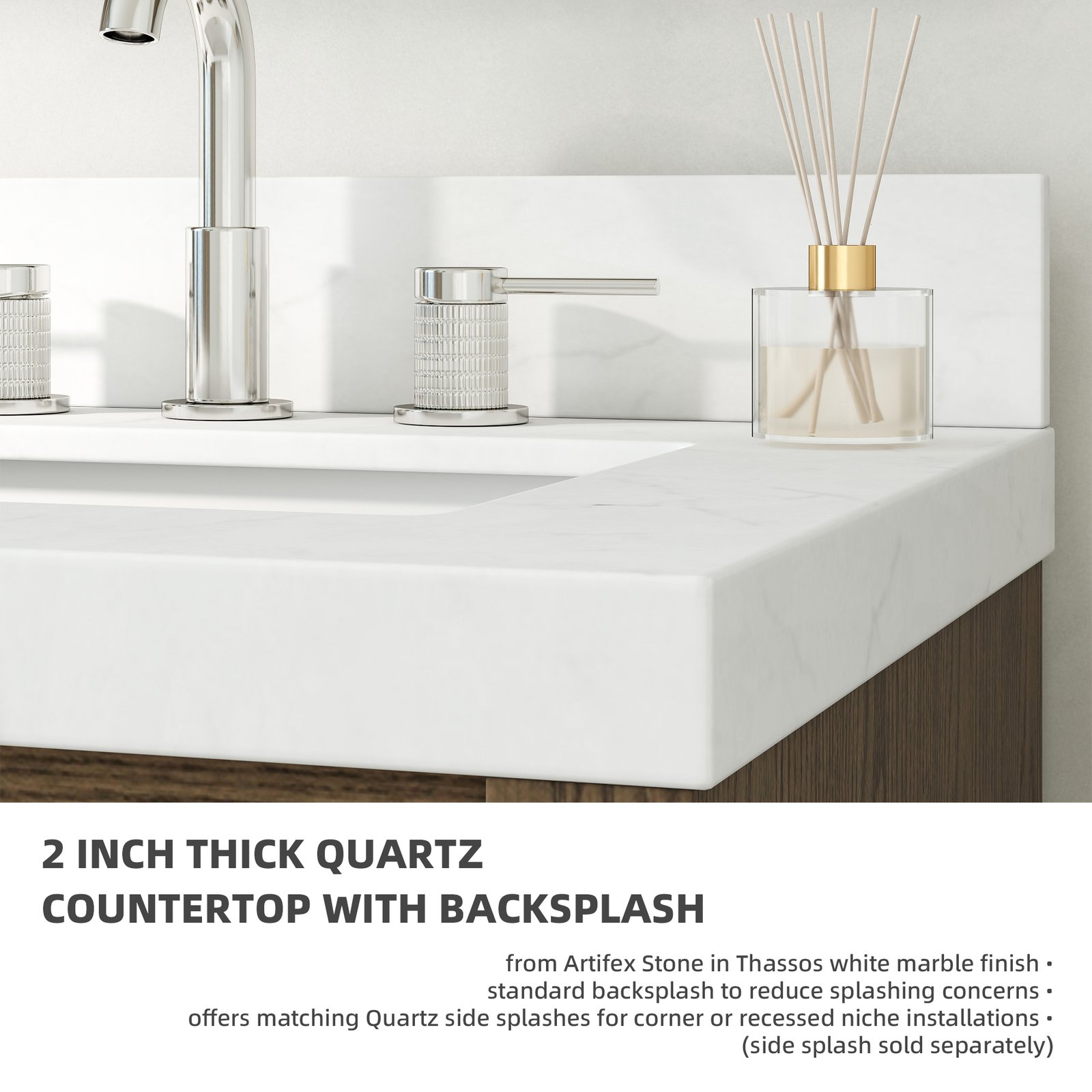 60" Solid Wood Bathroom Vanity with Double Quartz Countertop & Pull-Out Storage Drawer in Brown - Image 3
