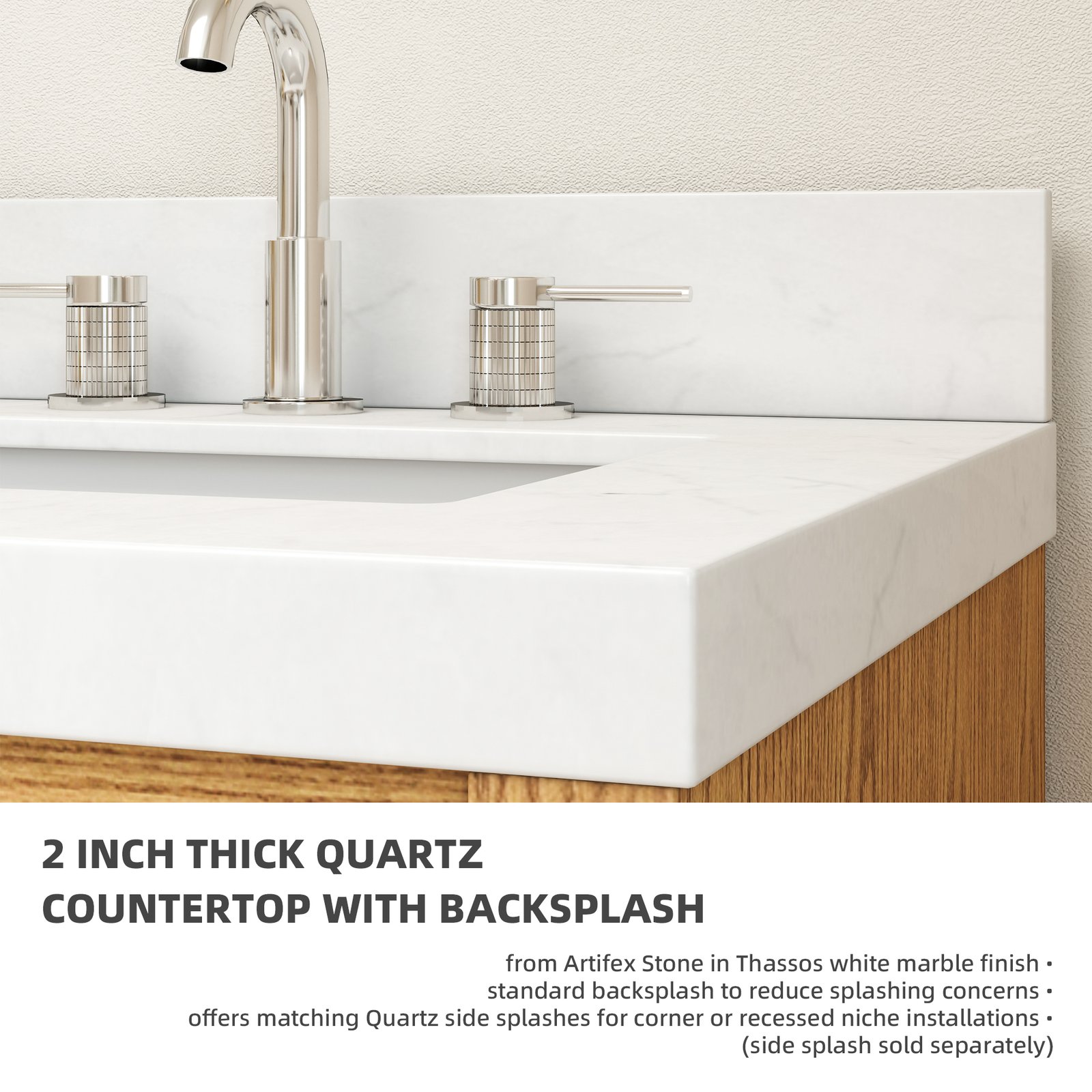 60" Solid Wood Bathroom Vanity with Double Quartz Countertop & Pull-Out Storage Drawer in Oak - Image 3