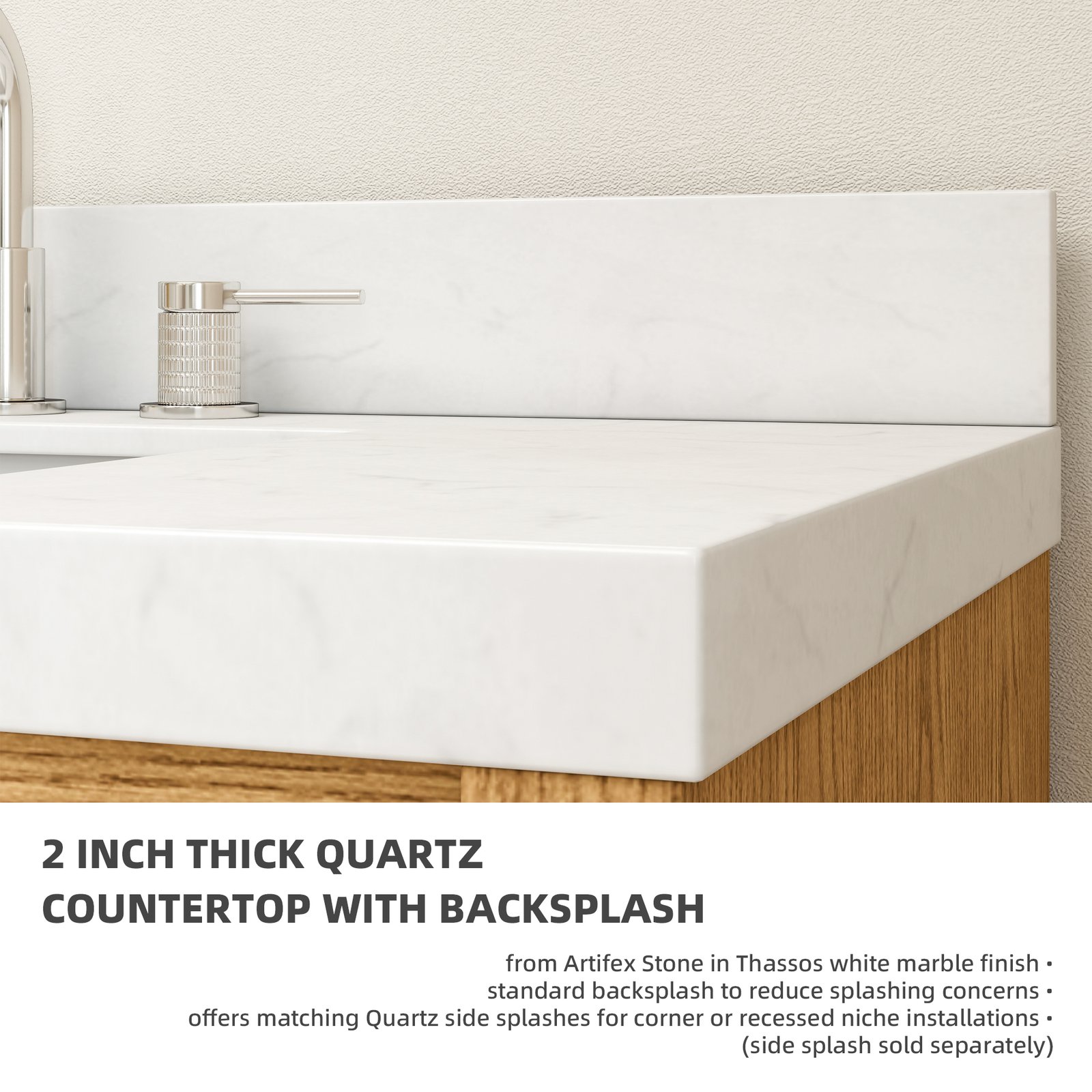 70" Solid Wood Bathroom Vanity with Double Quartz Countertop & Pull-Out Storage Drawer in Oak - Image 4
