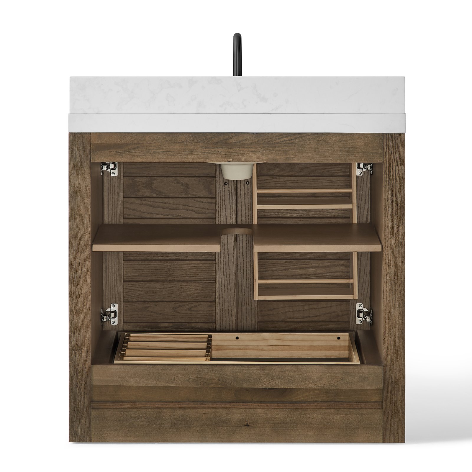 36" Solid Wood Bathroom Vanity with Quartz Countertop & Pull-Out Storage Drawer in Brown - Image 3