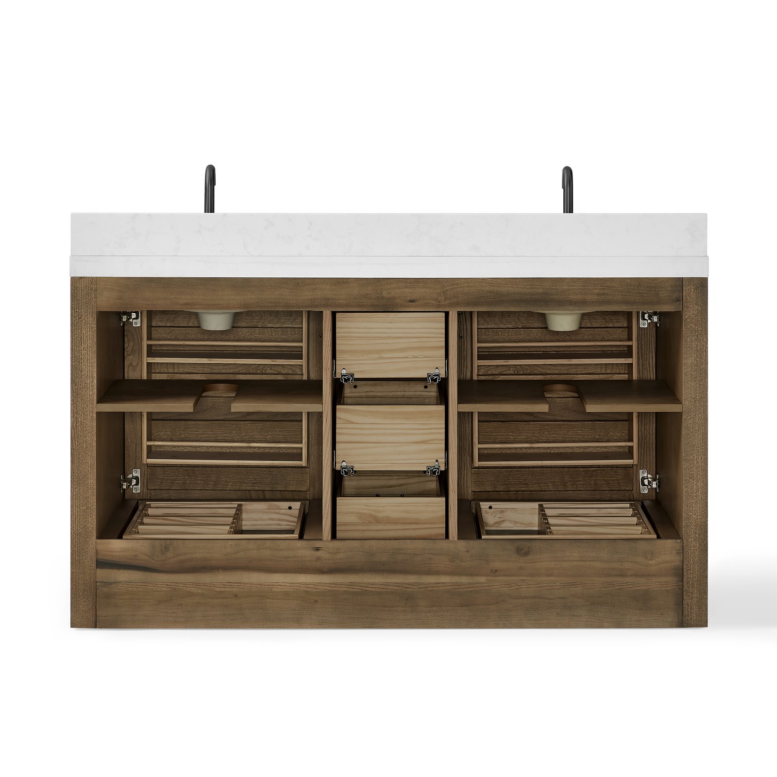 60" Solid Wood Bathroom Vanity with Double Quartz Countertop & Pull-Out Storage Drawer in Brown - Image 4