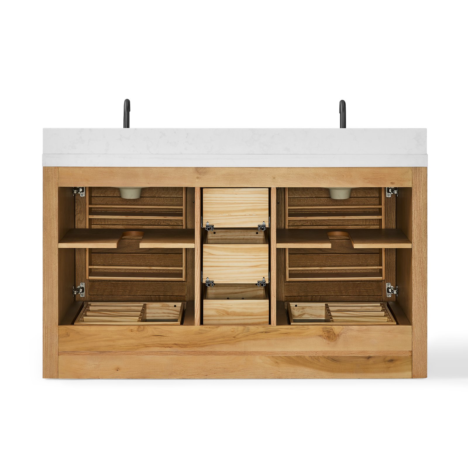 60" Solid Wood Bathroom Vanity with Double Quartz Countertop & Pull-Out Storage Drawer in Oak - Image 4