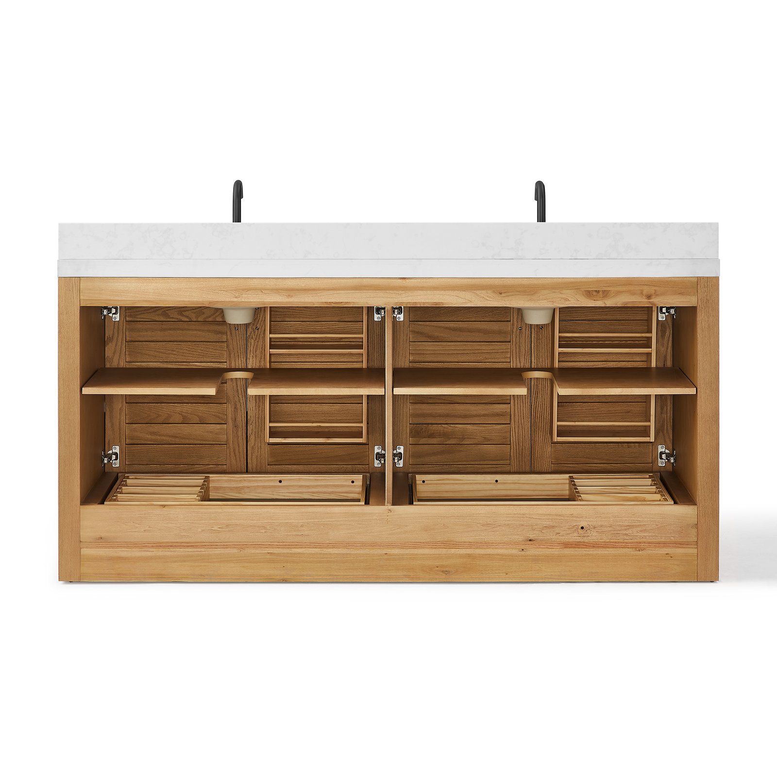 70" Solid Wood Bathroom Vanity with Double Quartz Countertop & Pull-Out Storage Drawer in Oak - Image 5
