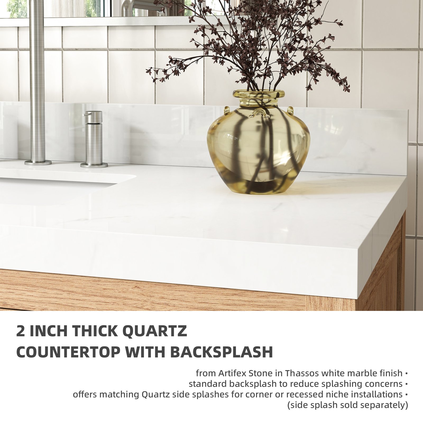 48 Inch Modern Bathroom Vanity with Carrara Quartz Countertop, Soft-Close Drawers, MDF Wood Veneer Cabinet, Single Sink Vanity - Image 9