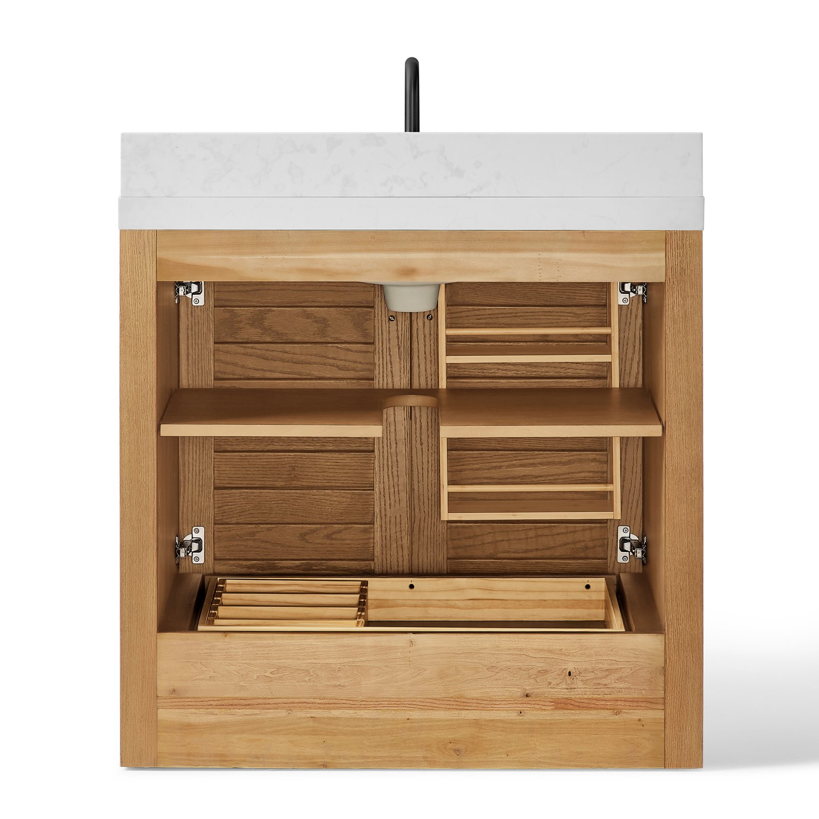 36" Solid Wood Bathroom Vanity with Quartz Countertop & Pull-Out Storage Drawer in Natural Oak - Image 3