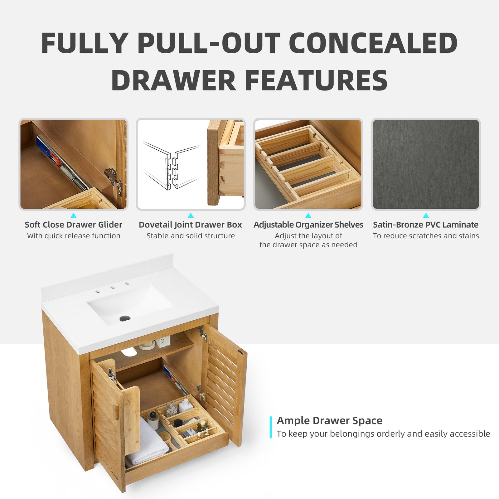 36" Solid Wood Bathroom Vanity with Quartz Countertop & Pull-Out Storage Drawer in Natural Oak - Image 4