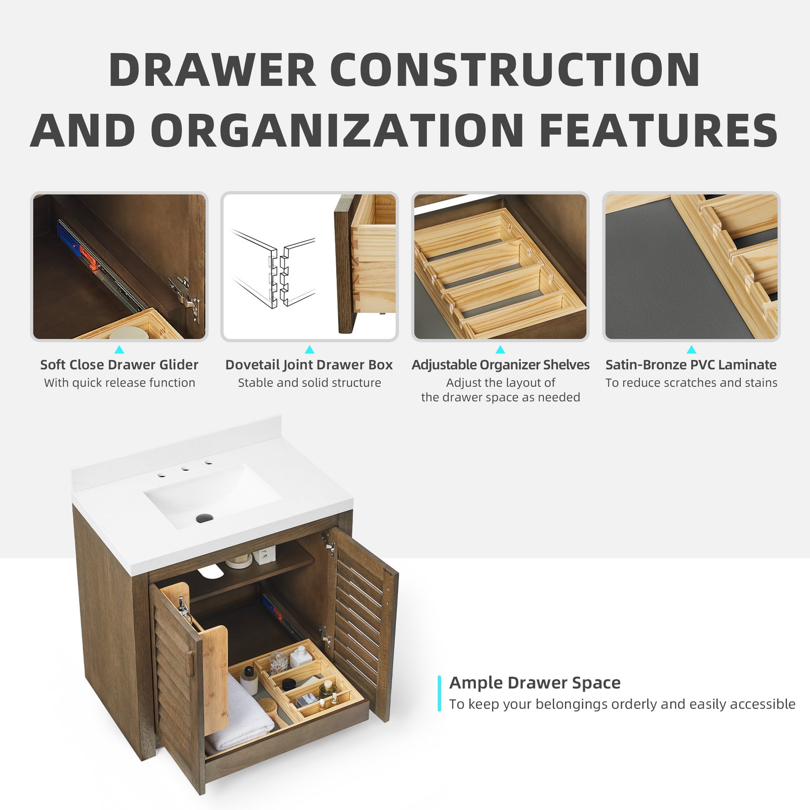 36" Solid Wood Bathroom Vanity with Quartz Countertop & Pull-Out Storage Drawer in Brown - Image 4