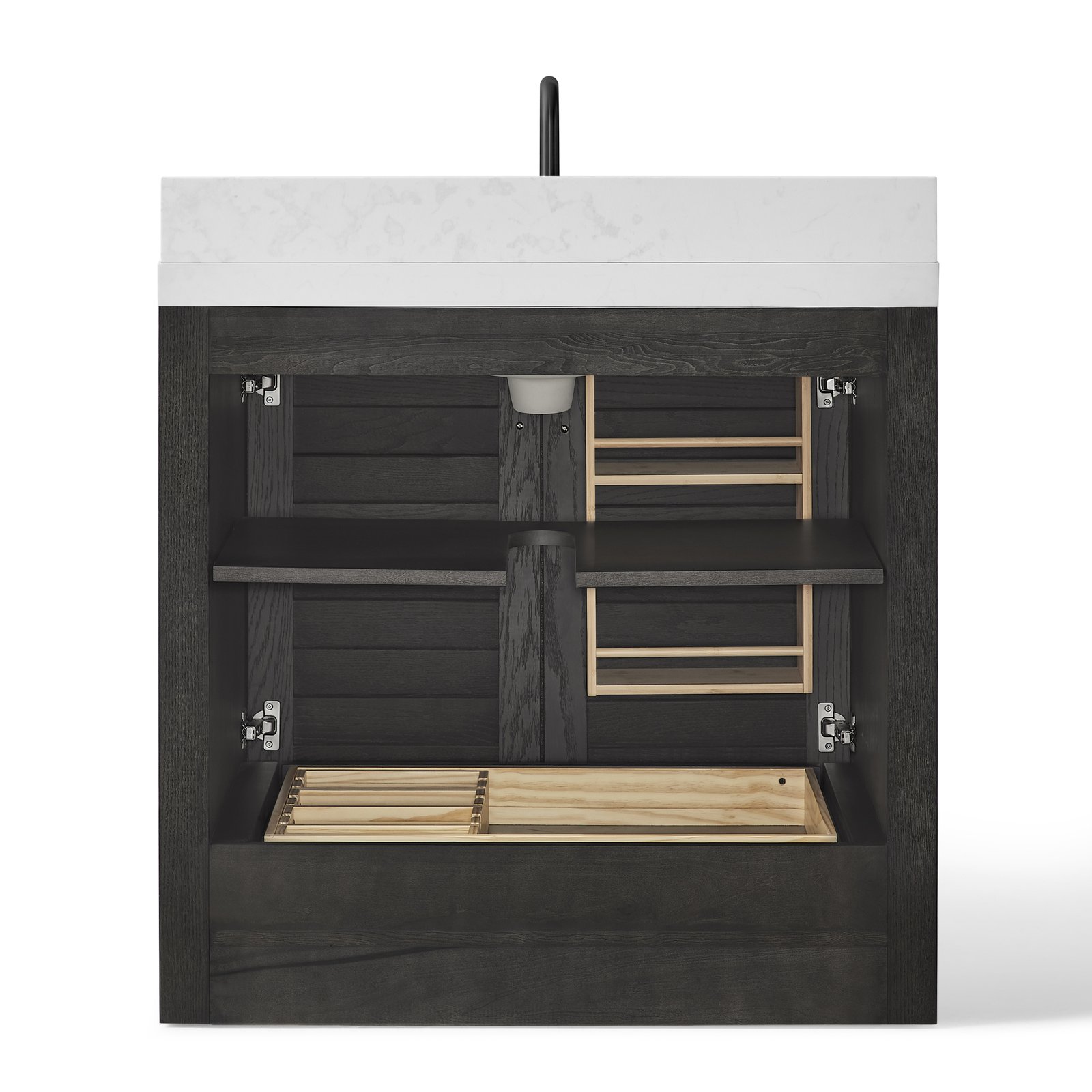 36" Solid Wood Bathroom Vanity with Quartz Countertop & Pull-Out Storage Drawer in Black - Image 4