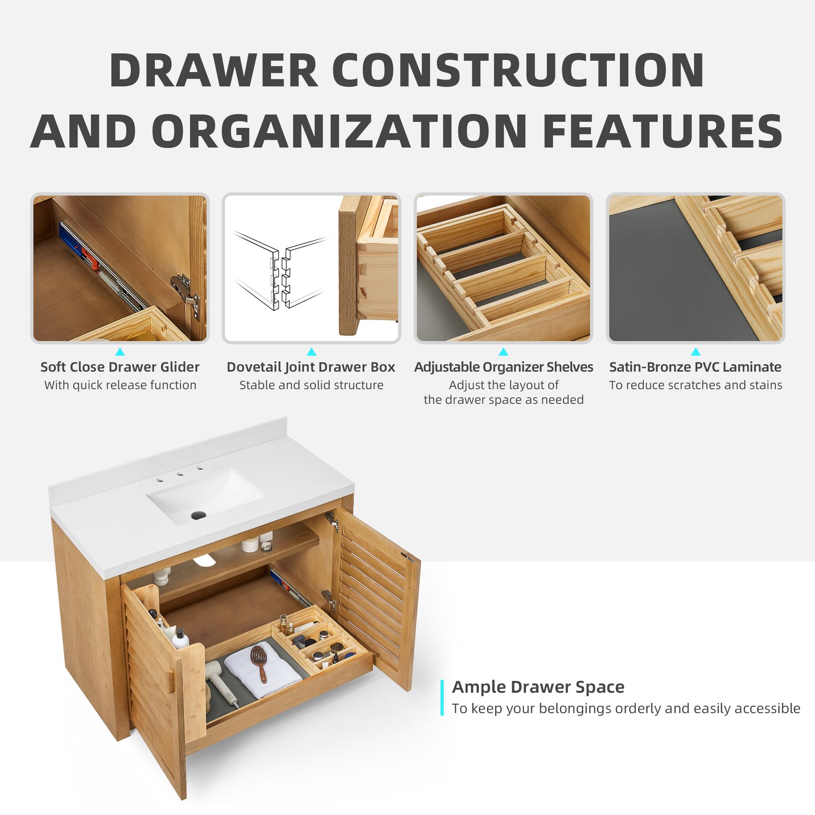 48" Solid Wood Bathroom Vanity with Quartz Countertop & Pull-Out Storage Drawer in Natural Oak - Image 7