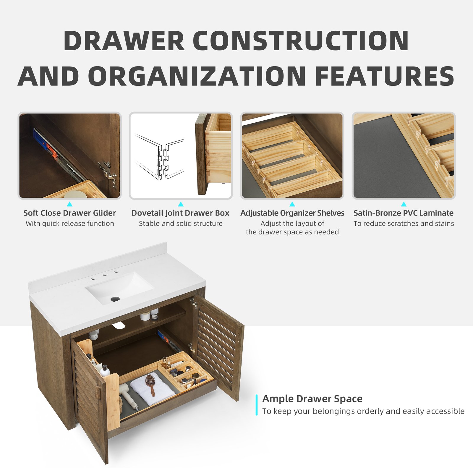 48" Solid Wood Bathroom Vanity with Quartz Countertop & Pull-Out Storage Drawer in Natural Oak - Image 5