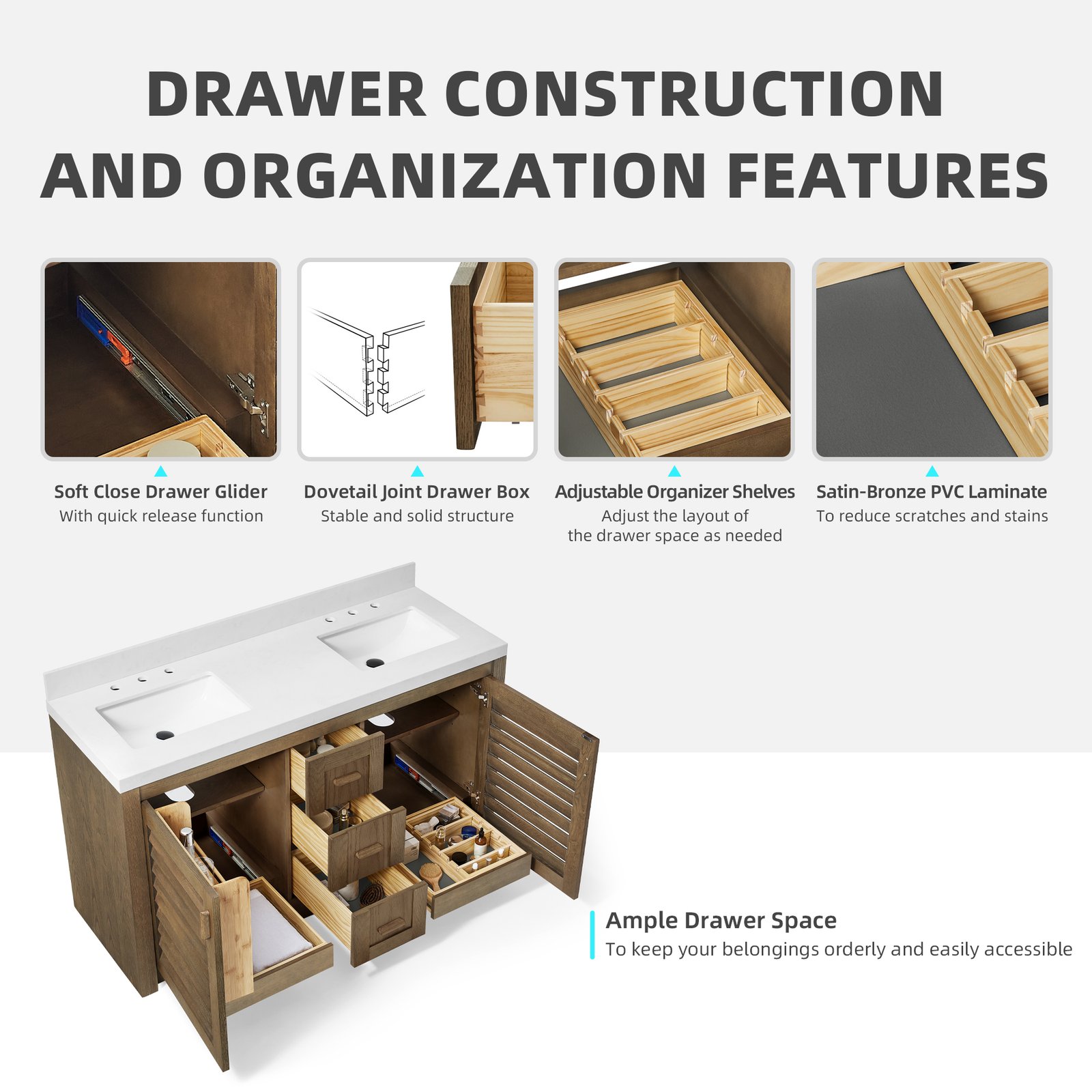 60" Solid Wood Bathroom Vanity with Double Quartz Countertop & Pull-Out Storage Drawer in Brown - Image 5