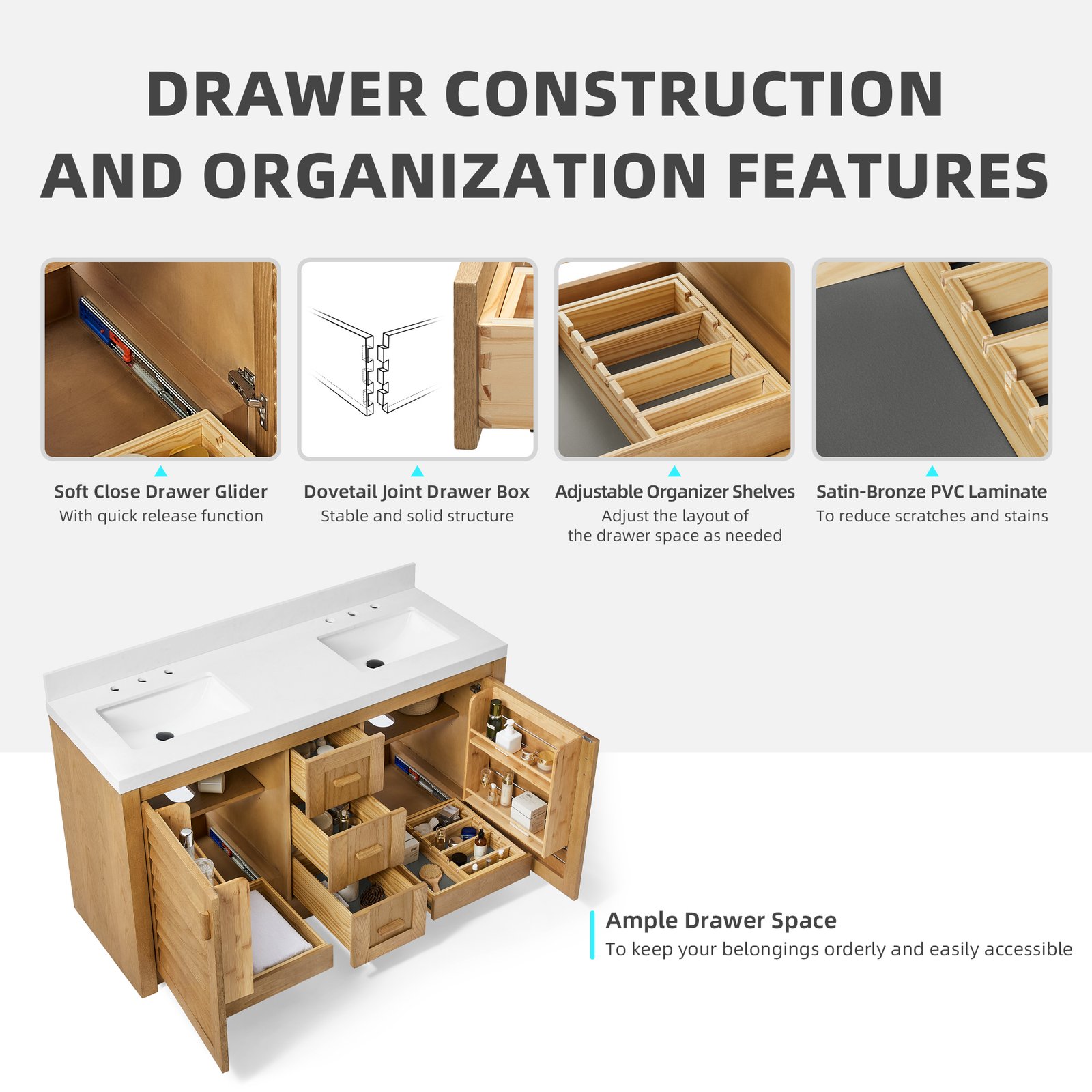 60" Solid Wood Bathroom Vanity with Double Quartz Countertop & Pull-Out Storage Drawer in Oak - Image 5