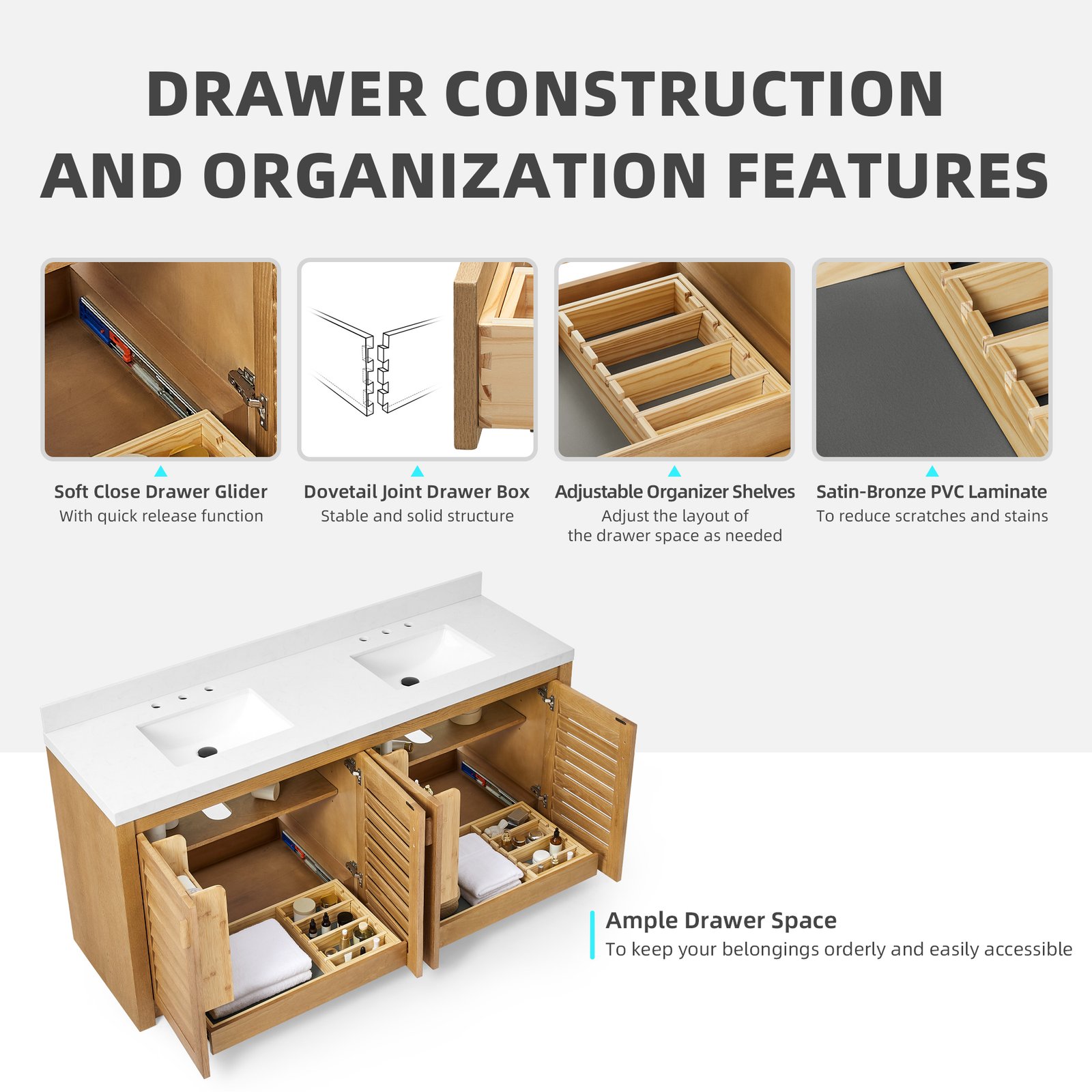 70" Solid Wood Bathroom Vanity with Double Quartz Countertop & Pull-Out Storage Drawer in Oak - Image 6