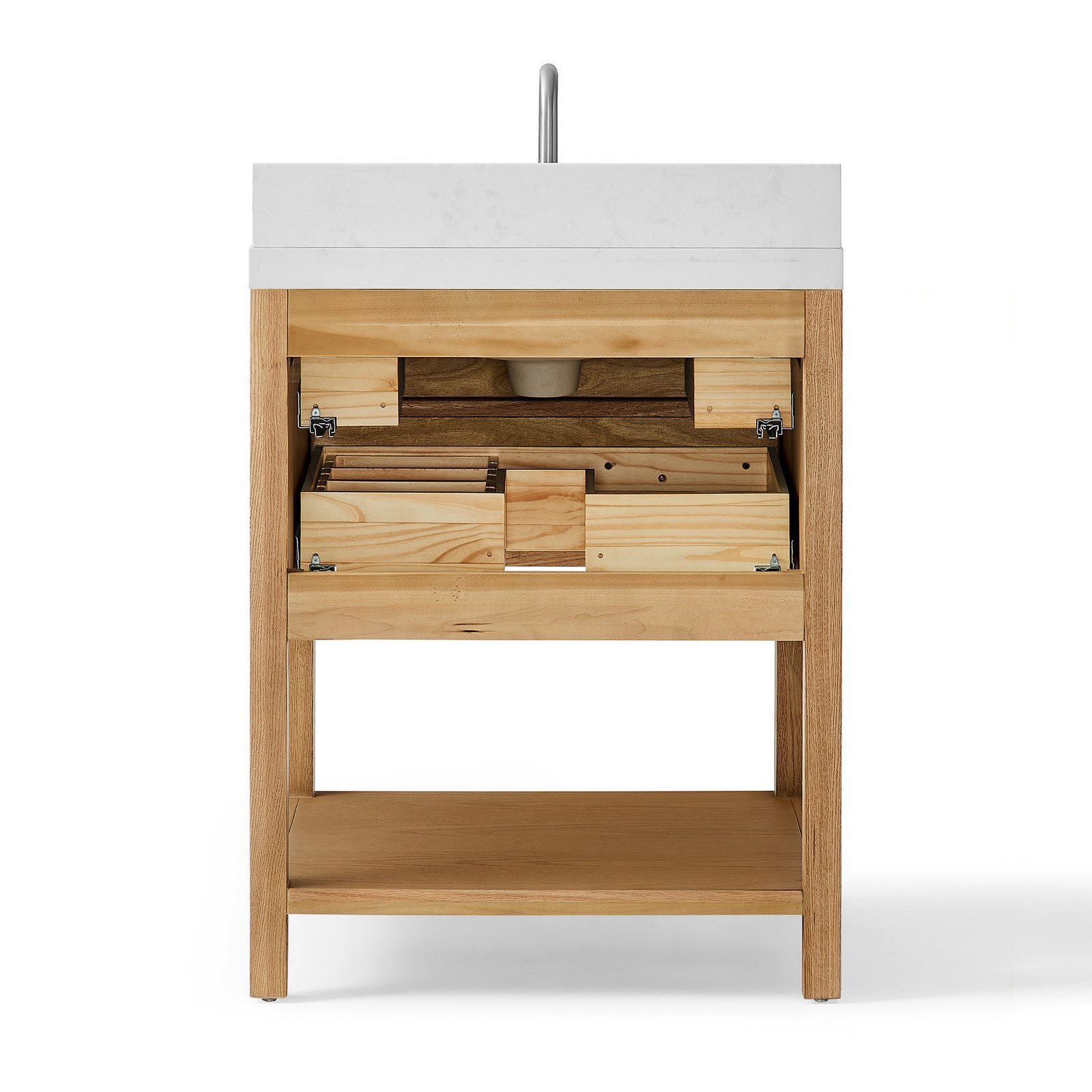 28 Inch Solid Wood Single Sink Bathroom Vanity with Quartz Countertop and Soft-Close Drawers in Oak - Image 4