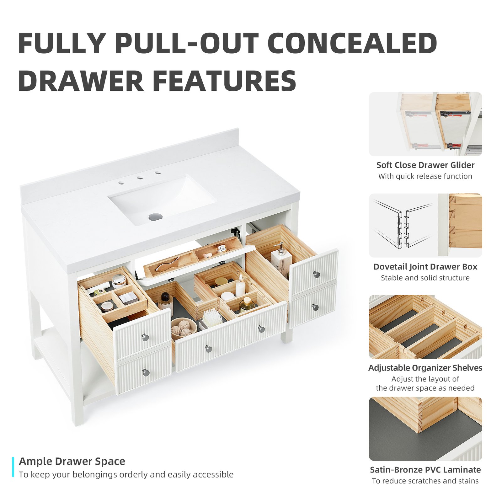 48 Inch Solid Wood Single Sink Bathroom Vanity with Quartz Countertop and Soft-Close Drawers - Image 5