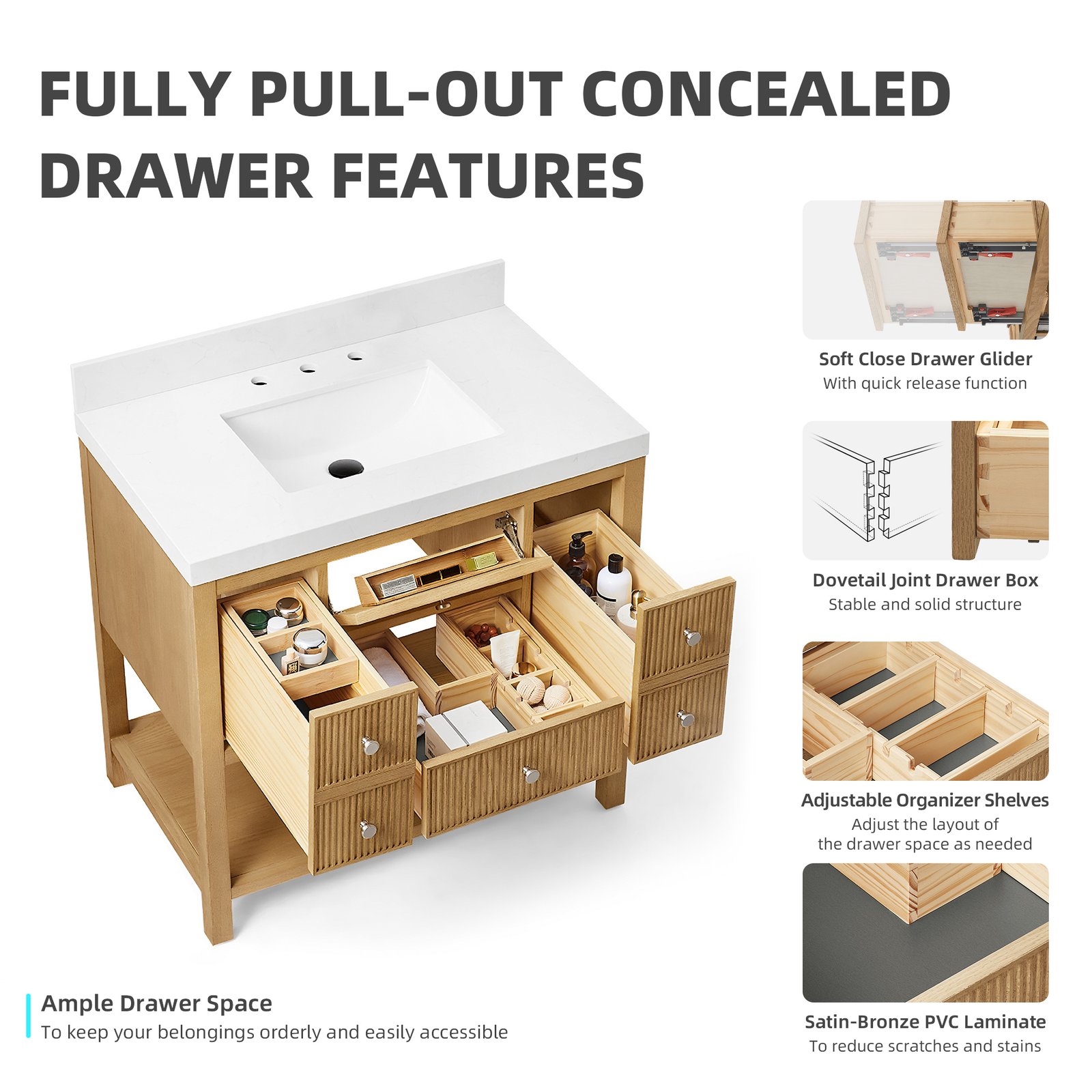 36 Inch Solid Wood Single Sink Bathroom Vanity with Quartz Countertop and Soft-Close Drawers - Image 7