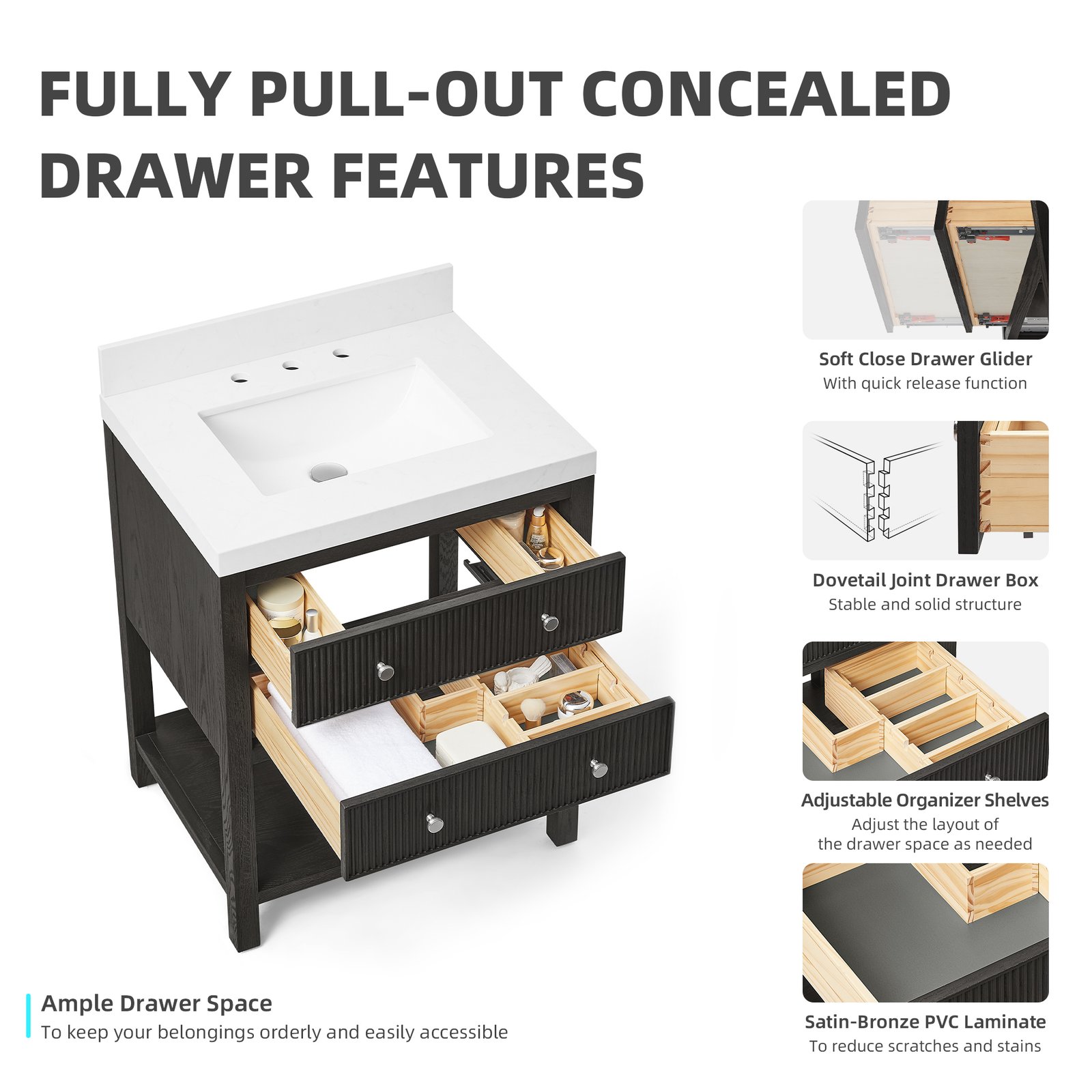 28 Inch Solid Wood Single Sink Bathroom Vanity with Quartz Countertop and Soft-Close Drawers in Black - Image 7