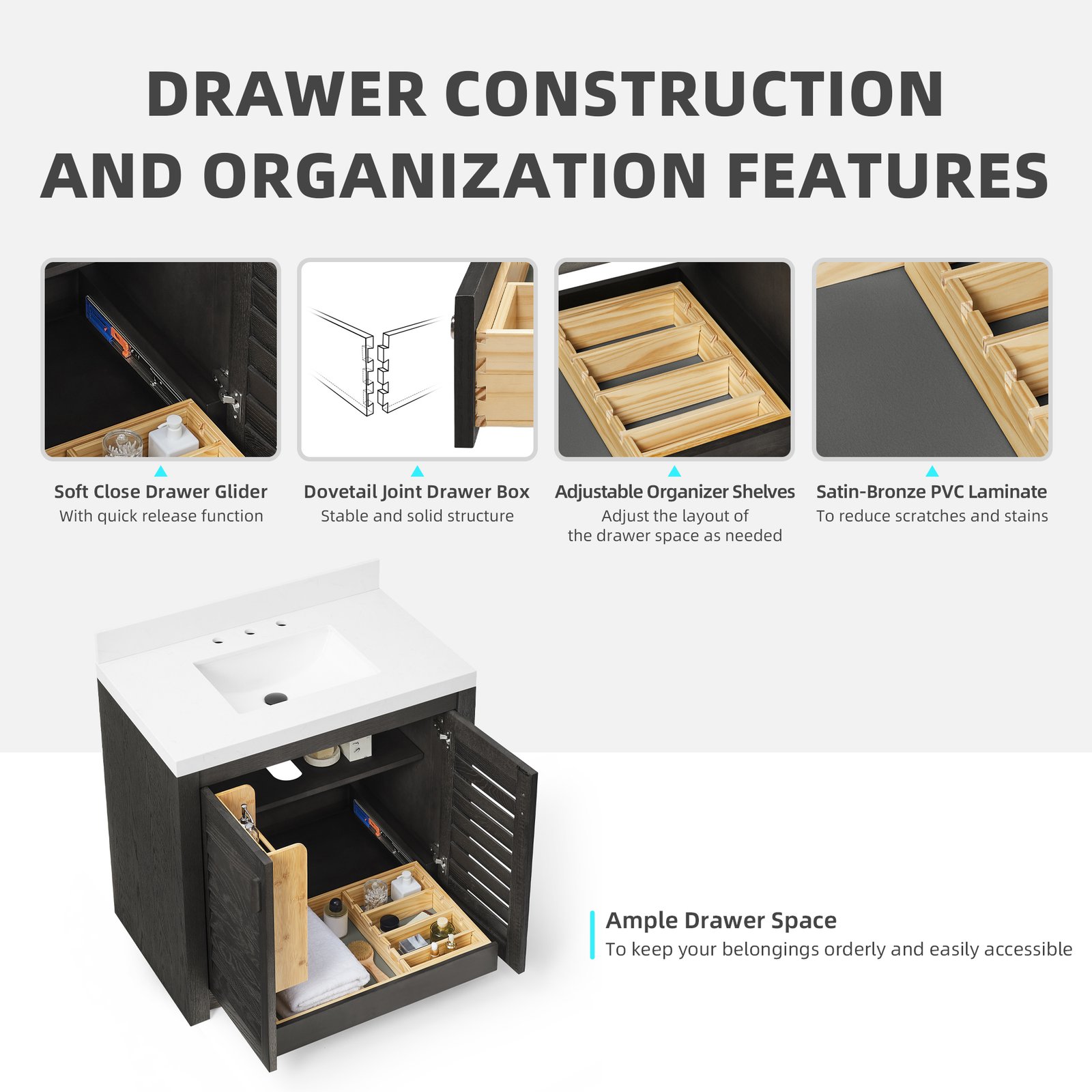 36" Solid Wood Bathroom Vanity with Quartz Countertop & Pull-Out Storage Drawer in Black - Image 7