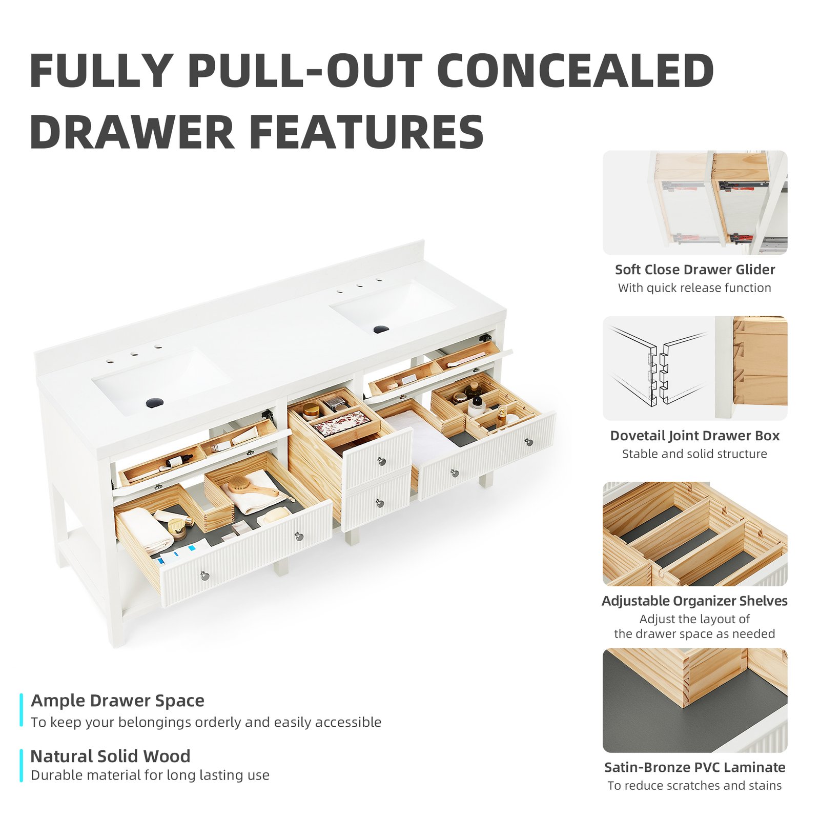 72"Solid Wood Bathroom Vanity with Quartz Countertop & Undermount Ceramic Sink, Soft-Close Drawers - Image 7