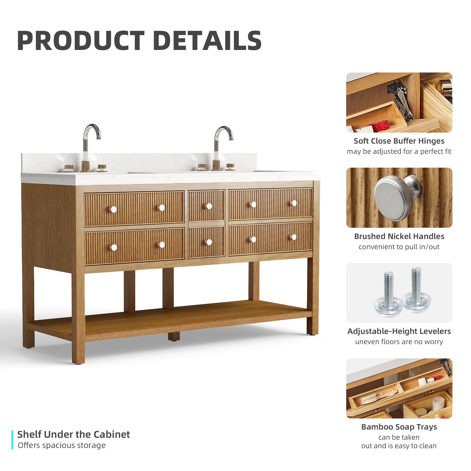 60 Inch Solid Wood Double Sink Bathroom Vanity with Quartz Countertop - Image 8