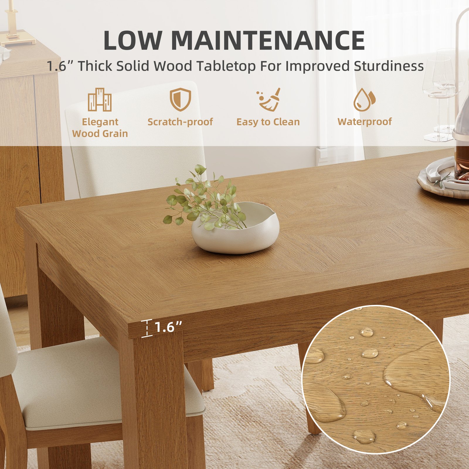 Mid-Century Modern Dining Table with Handcrafted Diamond Inlay Top, Solid Wood Dining Table for 6-8 People - Image 4