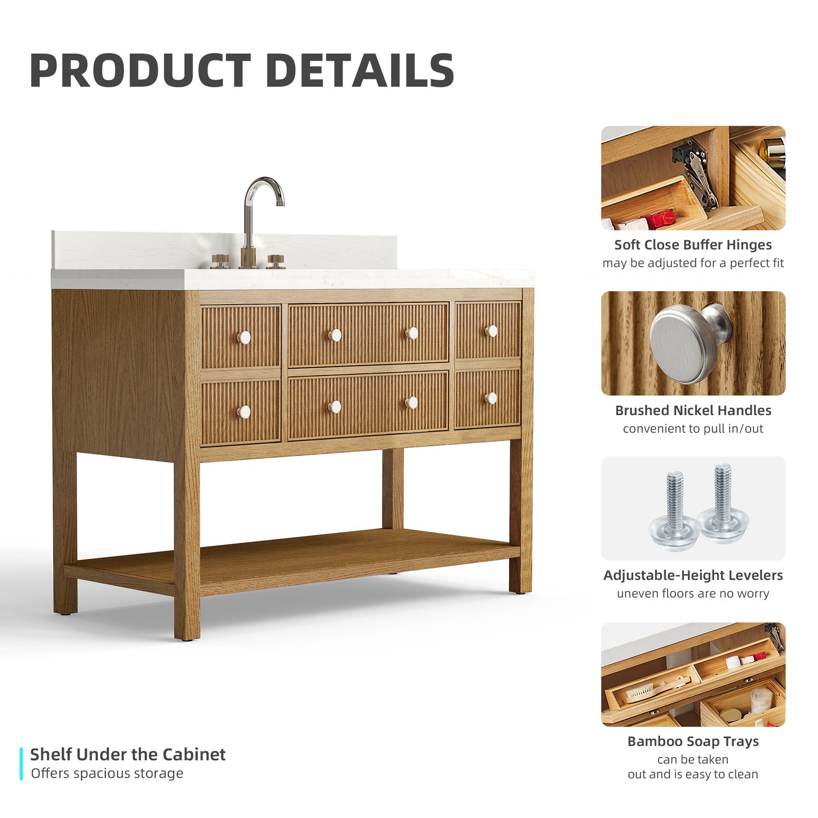 48 Inch Solid Wood Single Sink Bathroom Vanity with Quartz Countertop and Soft-Close Drawers - Image 6