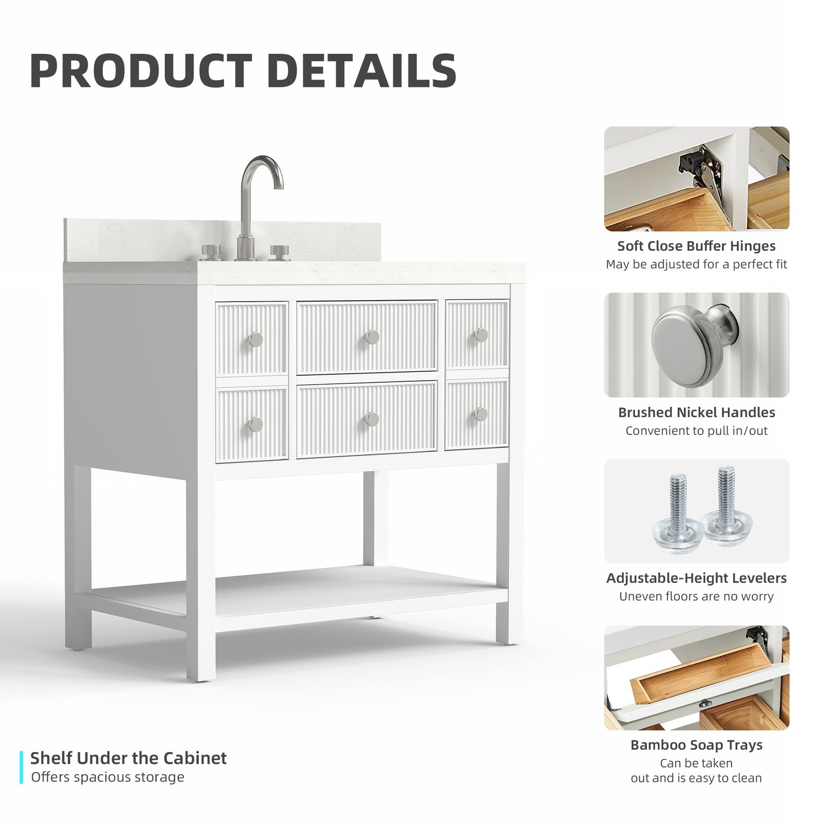 36 Inch Solid Wood Single Sink Bathroom Vanity with Quartz Countertop and Soft-Close Drawers in White - Image 8