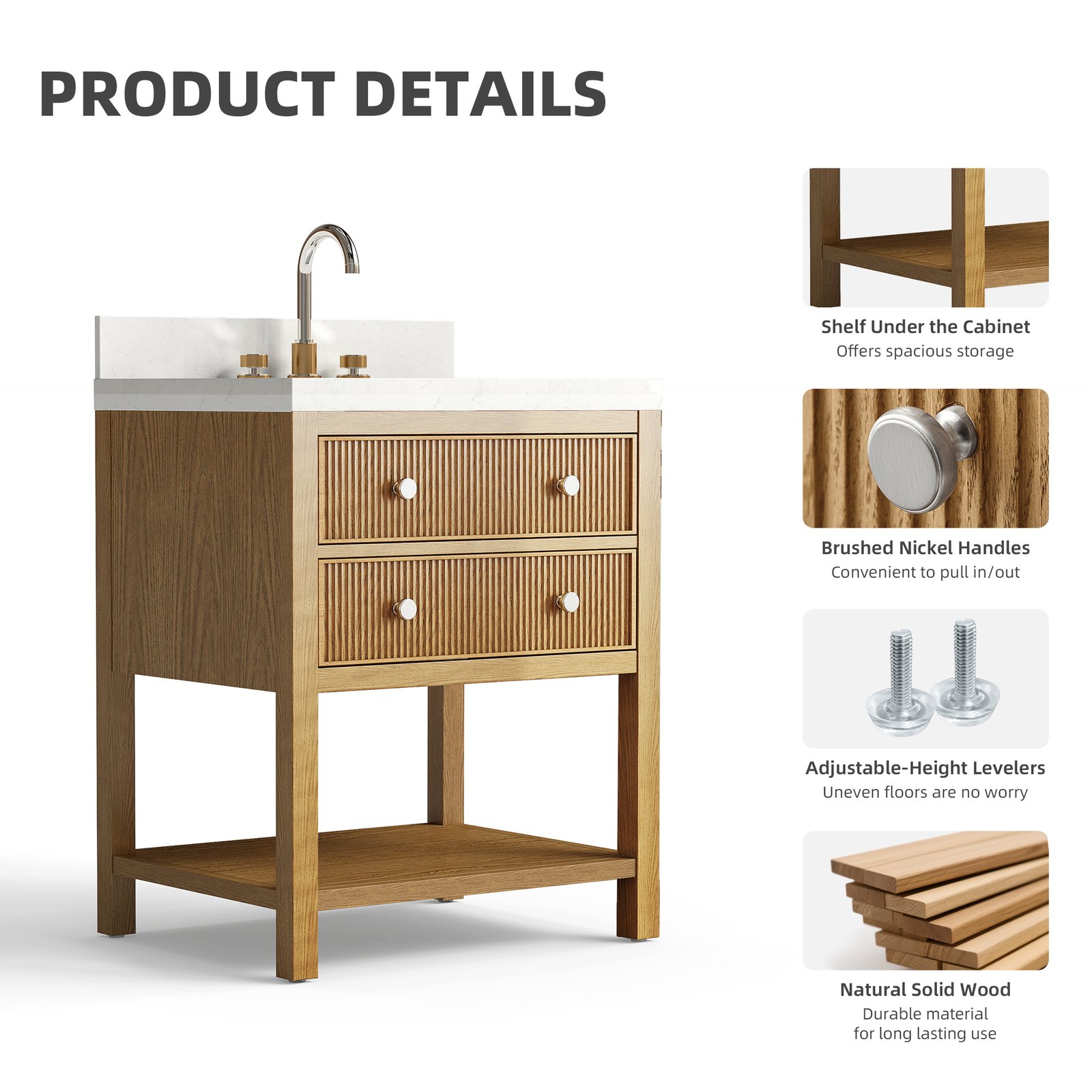 28 Inch Solid Wood Single Sink Bathroom Vanity with Quartz Countertop and Soft-Close Drawers in Oak - Image 6
