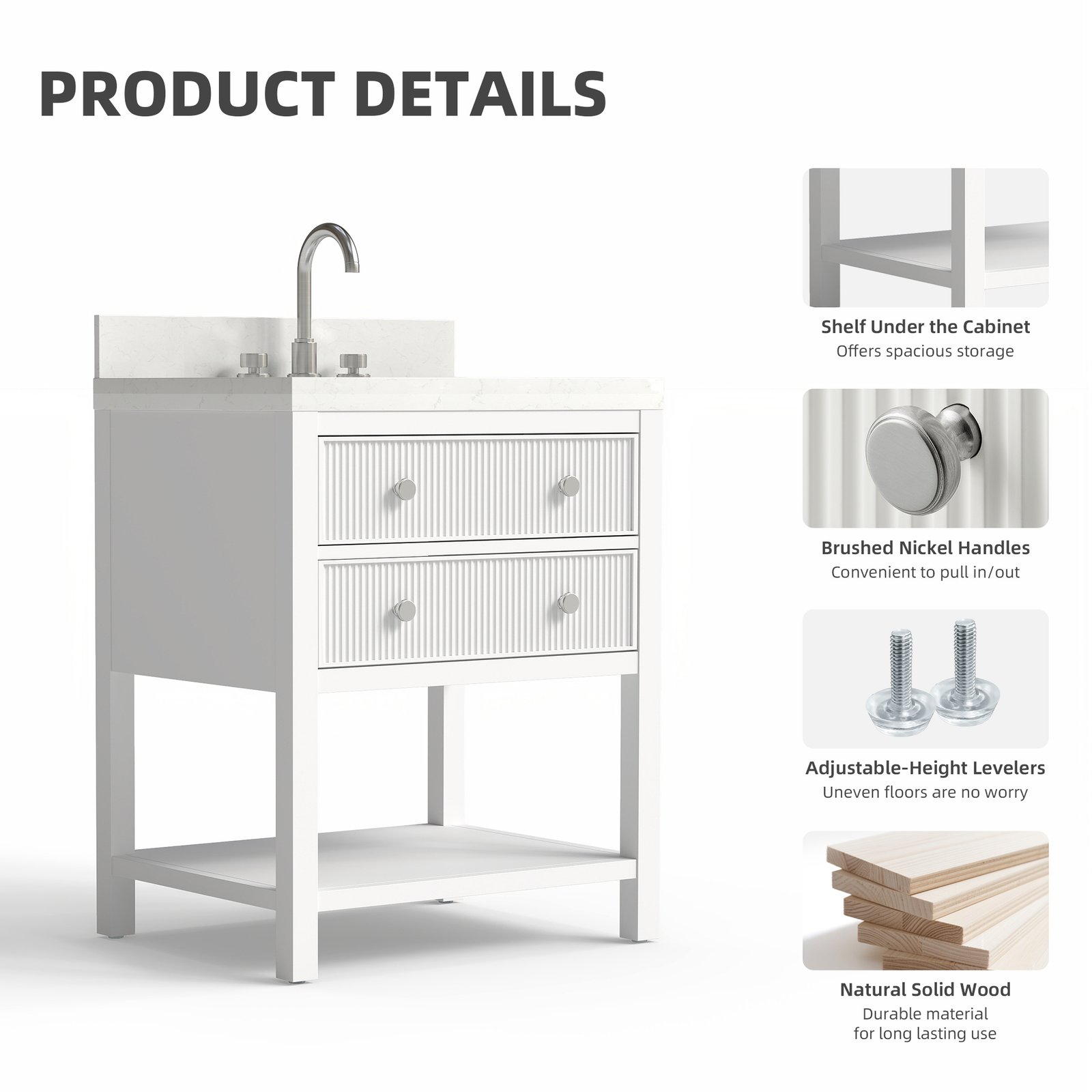 28 Inch Solid Wood Single Sink Bathroom Vanity with Quartz Countertop and Soft-Close Drawers in White - Image 3
