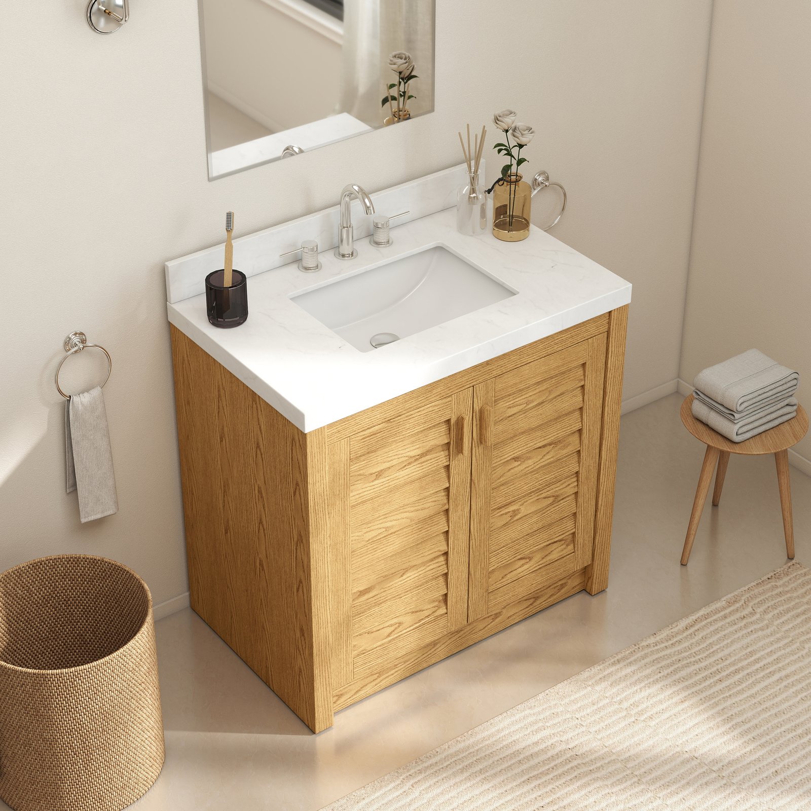 36" Solid Wood Bathroom Vanity with Quartz Countertop & Pull-Out Storage Drawer in Natural Oak - Image 6