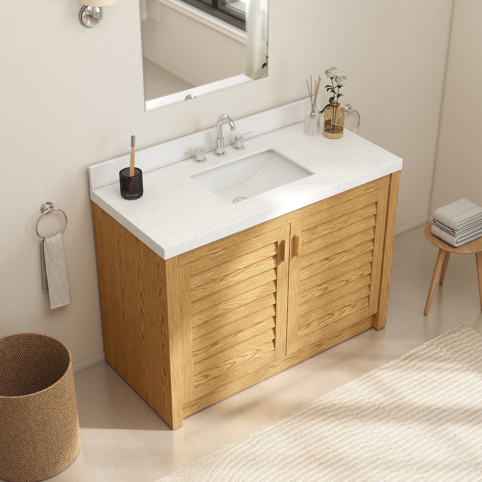 48" Solid Wood Bathroom Vanity with Quartz Countertop & Pull-Out Storage Drawer in Natural Oak - Image 9