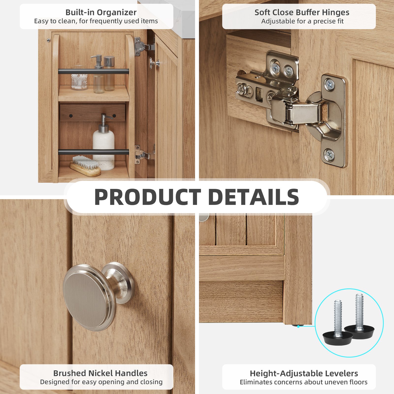 36-Inch Modern Bathroom Vanity with Carrara Quartz Top, MDF Wood Veneer Cabinet, Soft-Close Door & Drawer, Nordic Style Single Sink Vanity - Image 8