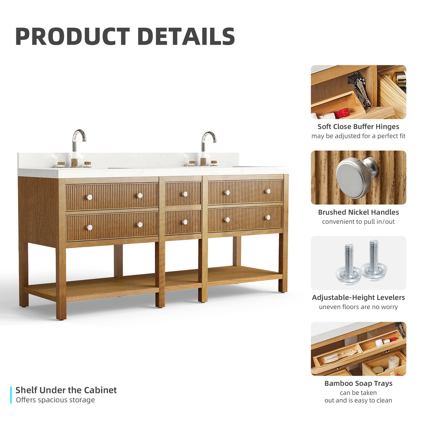 72"Solid Wood Bathroom Vanity with Quartz Countertop & Undermount Ceramic Sink, Soft-Close Drawers - Image 9