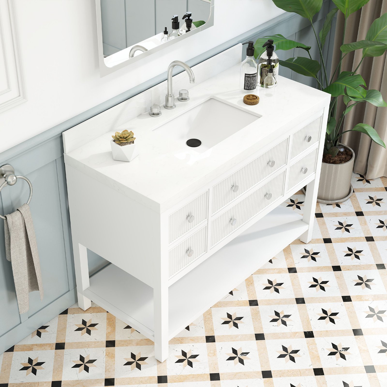 48 Inch Solid Wood Single Sink Bathroom Vanity with Quartz Countertop and Soft-Close Drawers - Image 6