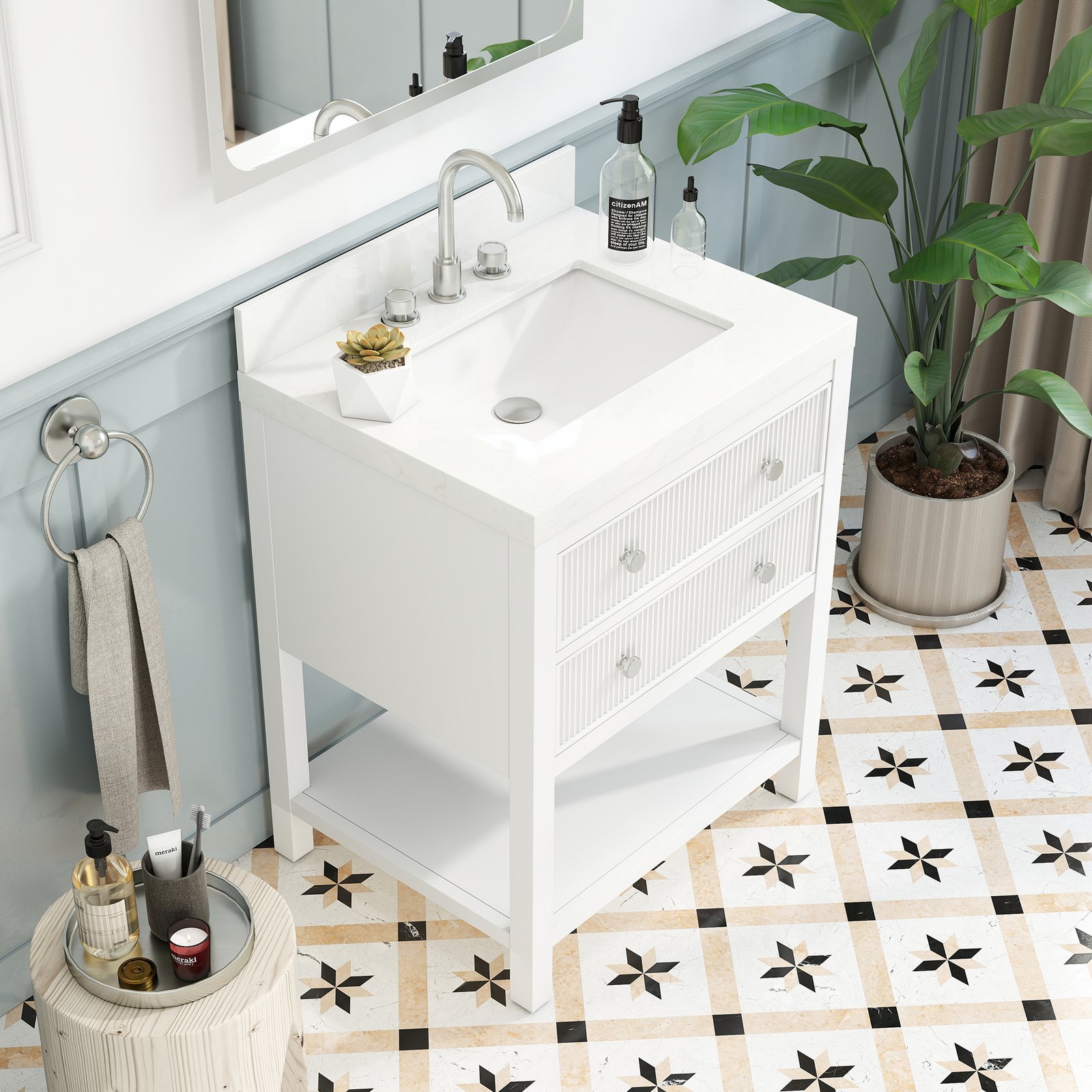 28 Inch Solid Wood Single Sink Bathroom Vanity with Quartz Countertop and Soft-Close Drawers in White - Image 6