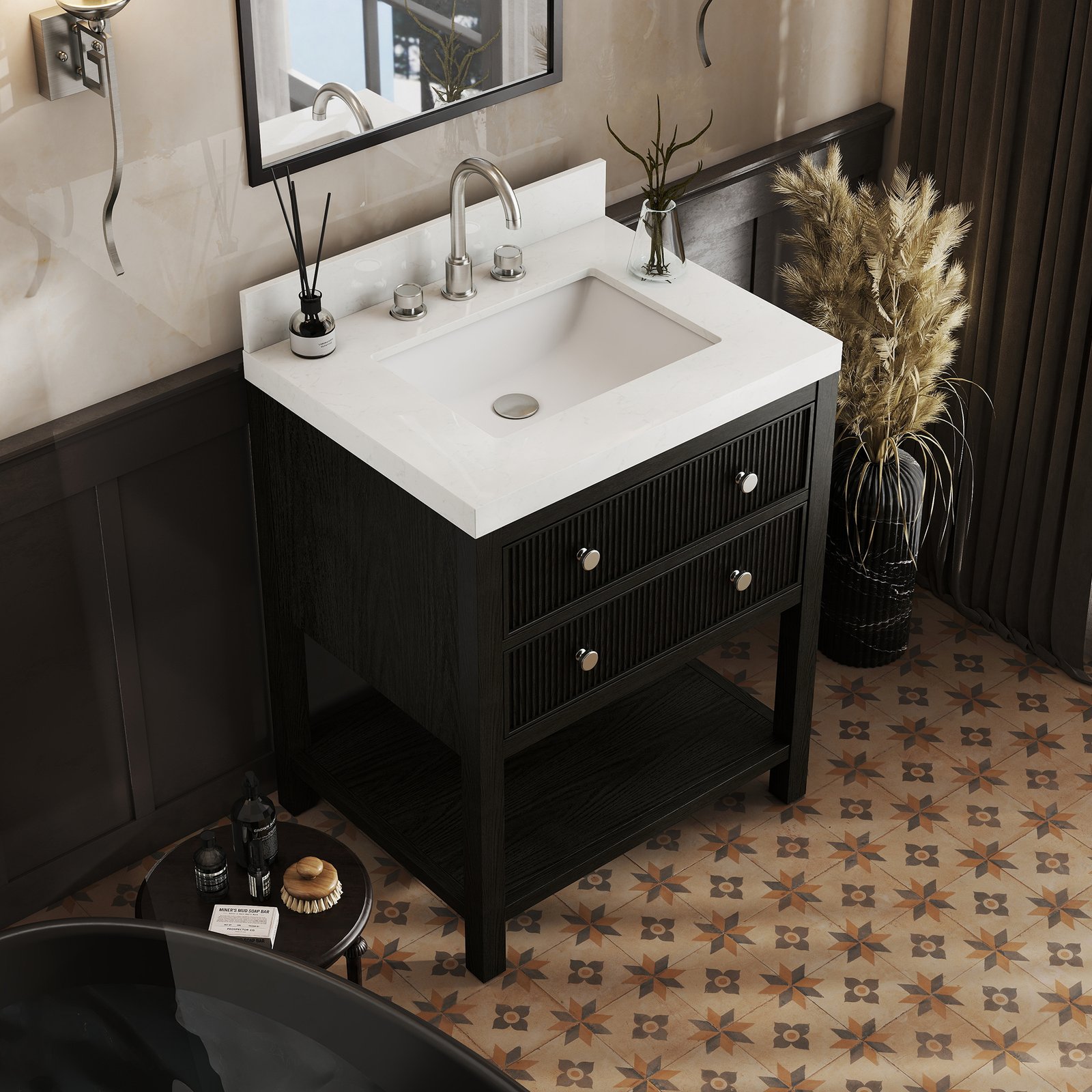 28 Inch Solid Wood Single Sink Bathroom Vanity with Quartz Countertop and Soft-Close Drawers in Black - Image 8