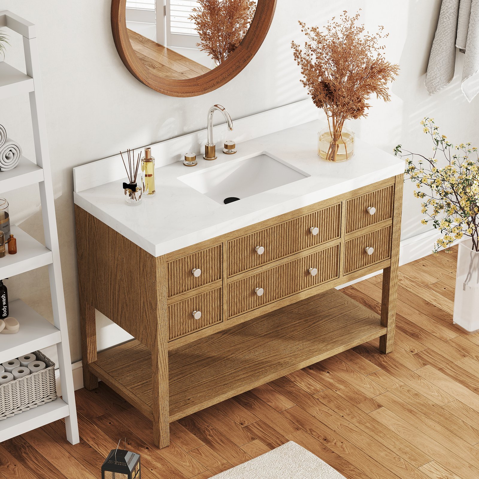 48 Inch Solid Wood Single Sink Bathroom Vanity with Quartz Countertop and Soft-Close Drawers - Image 7