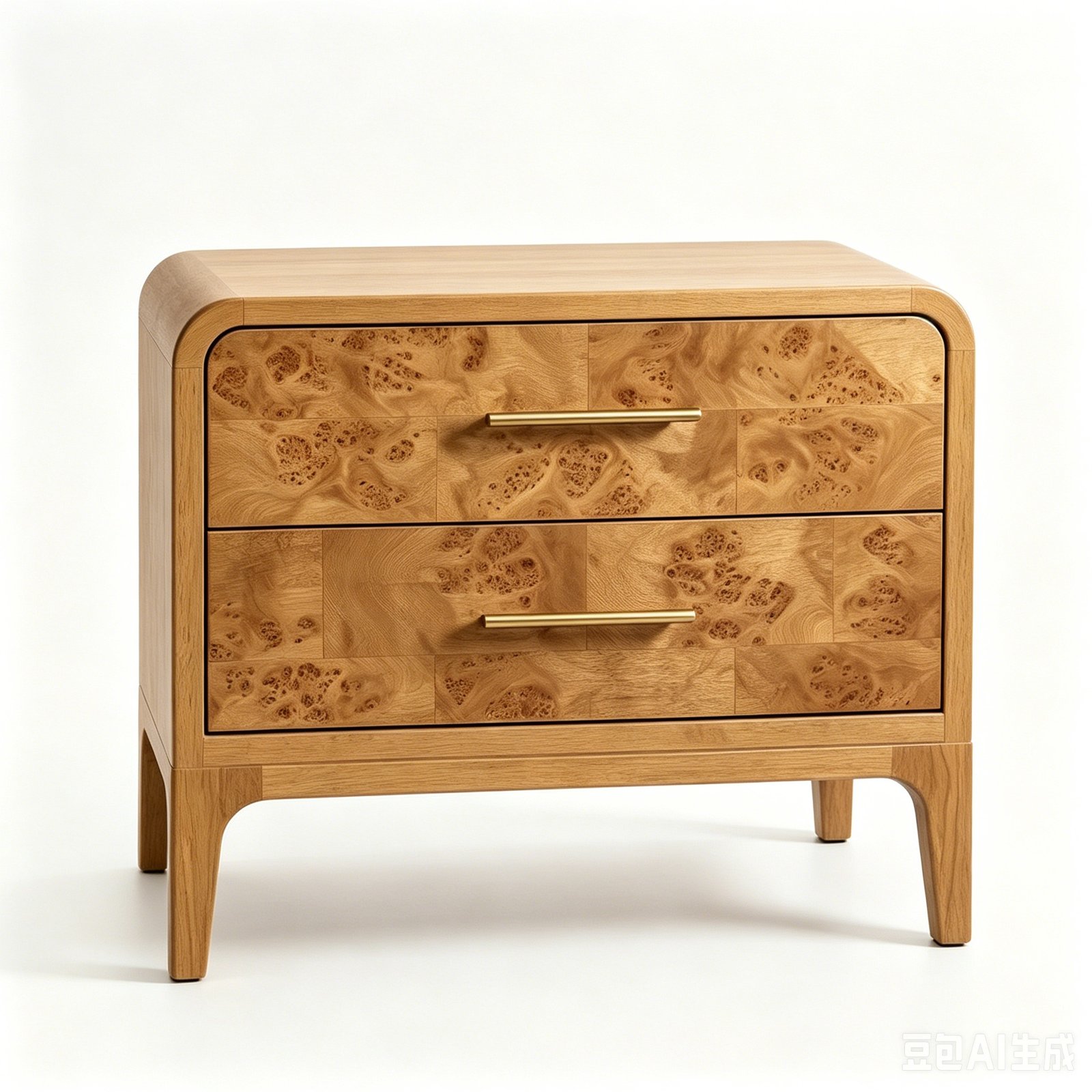 Mid-Century Modern 2-Drawer Nightstand with Burl Wood Veneer & Solid Oak Legs - Image 2