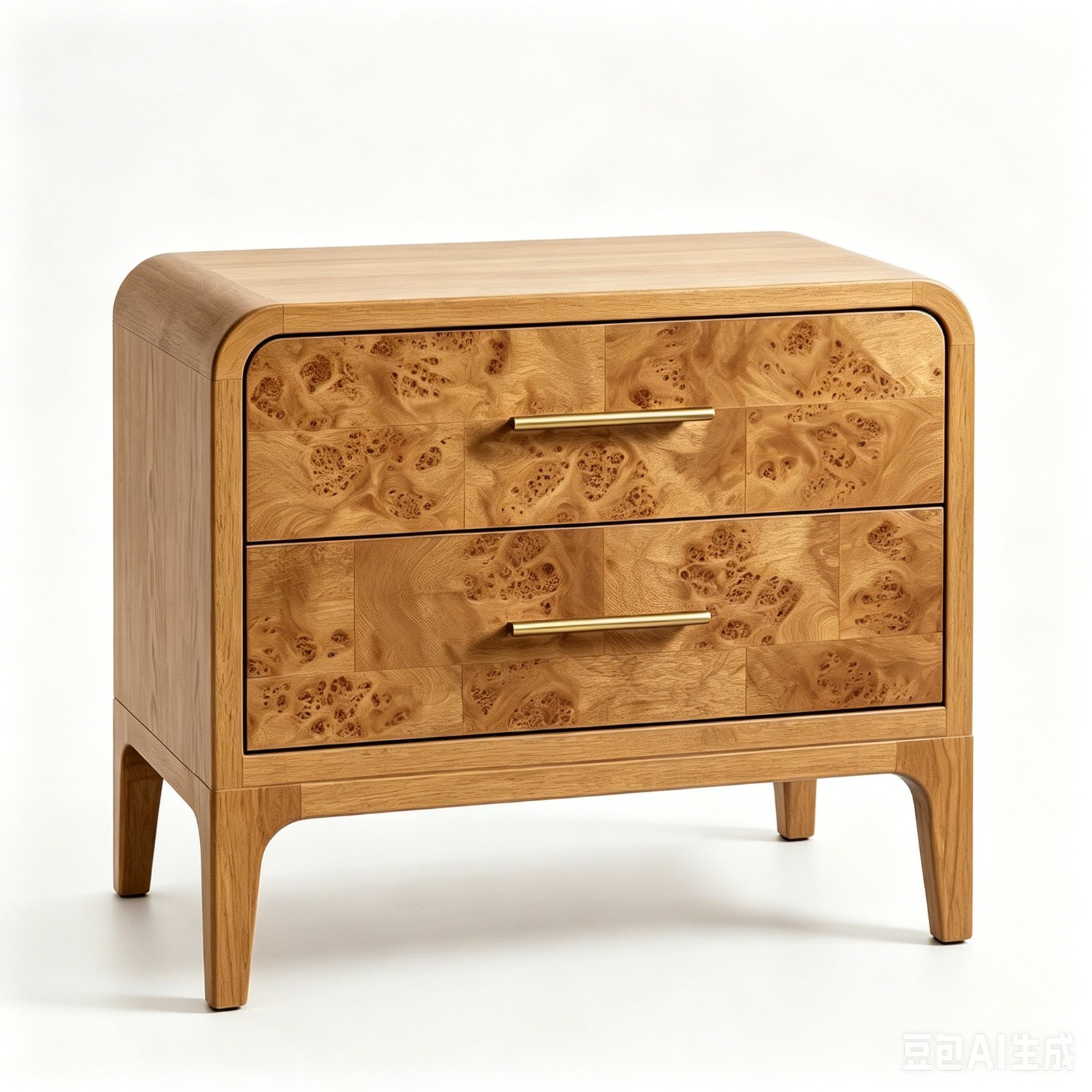 Mid-Century Modern 2-Drawer Nightstand with Burl Wood Veneer & Solid Oak Legs