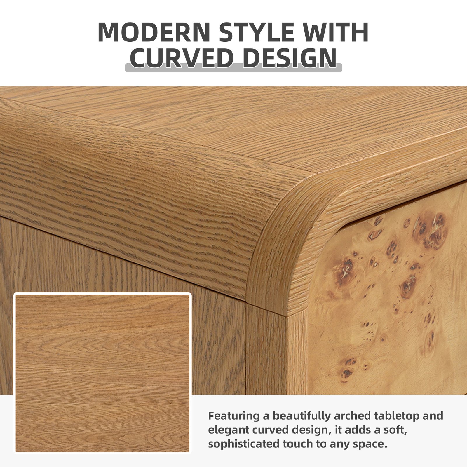 Mid-century Modern 1-drawer End Table/nightstand With Lower Shelf, Wood Frame & Burl Veneer Drawer Front, Oak Finish - Image 5