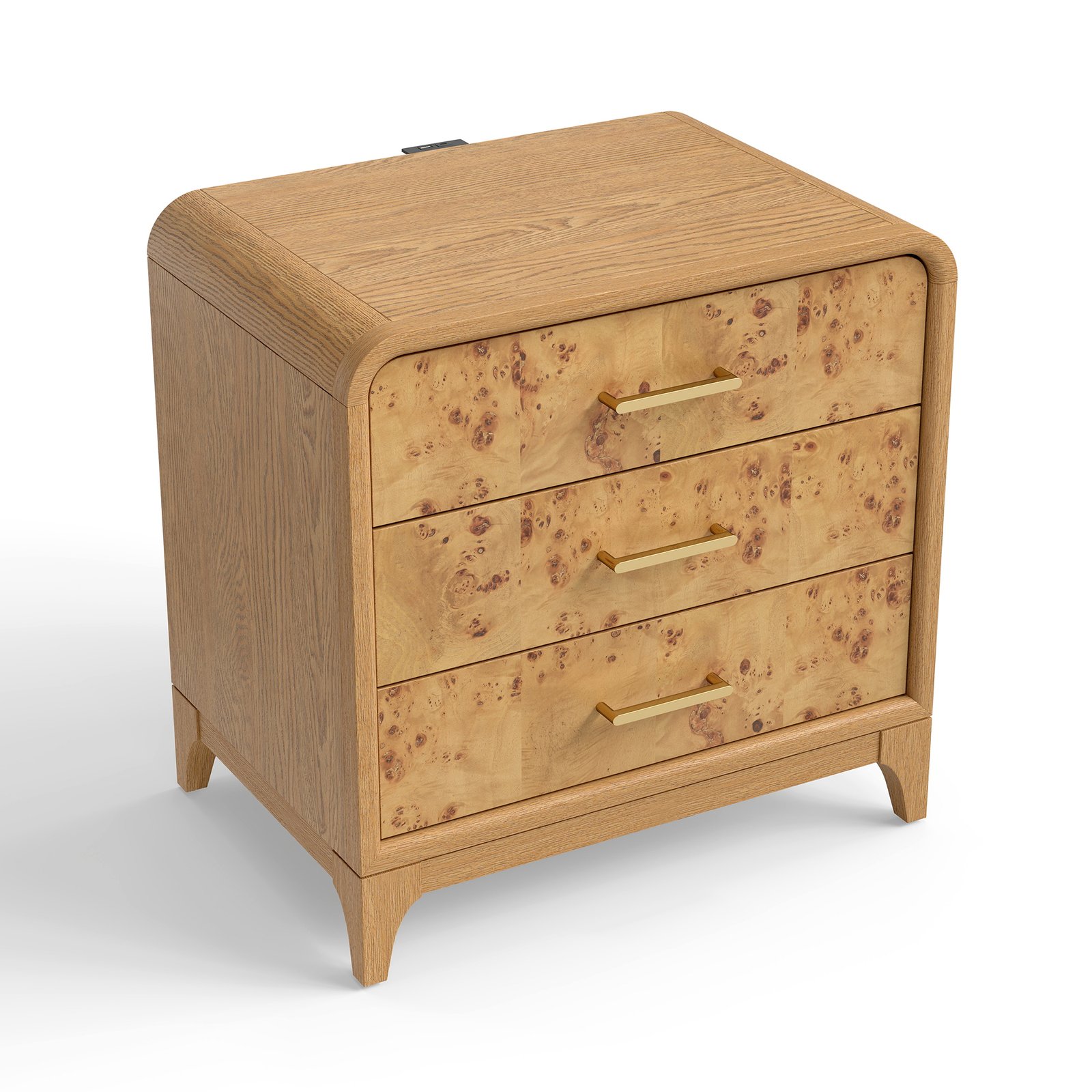 Mid-Century Modern 3-Drawer Nightstand with Burl Wood Veneer & Solid Oak Legs - Image 3